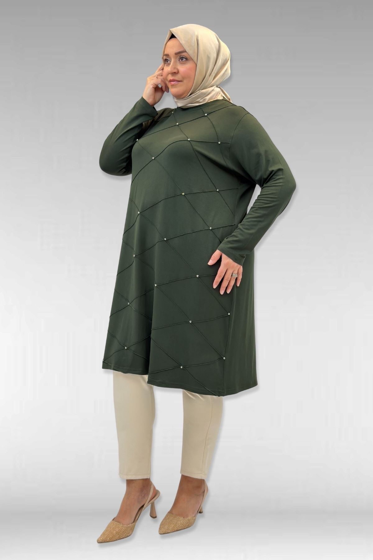 68004 Büyük Beden Çıma Detaylı Penye Tunik - Haki