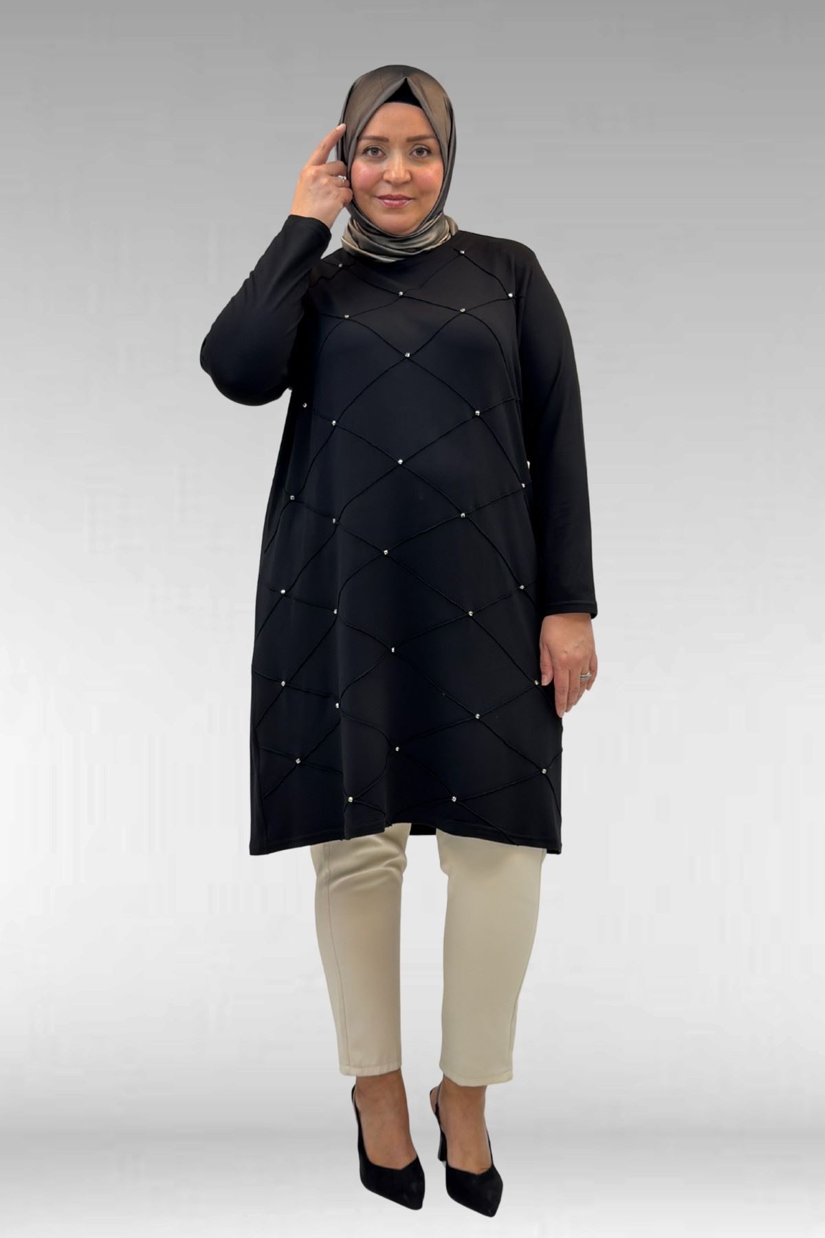68004 Büyük Beden Çıma Detaylı Penye Tunik - Siyah