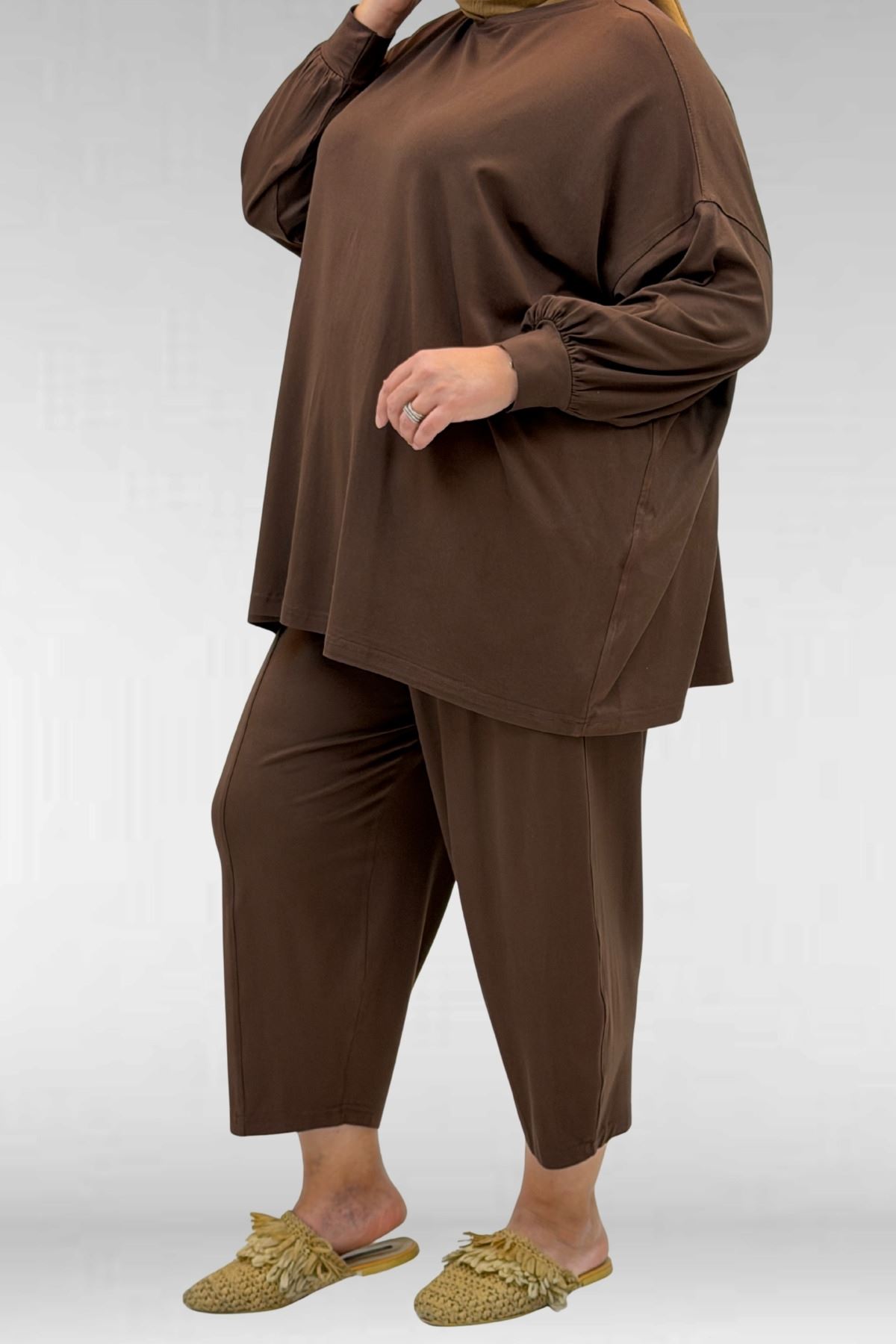67037 Büyük Beden Düşük Kol Penye Pantolonlu Takım - Kahve
