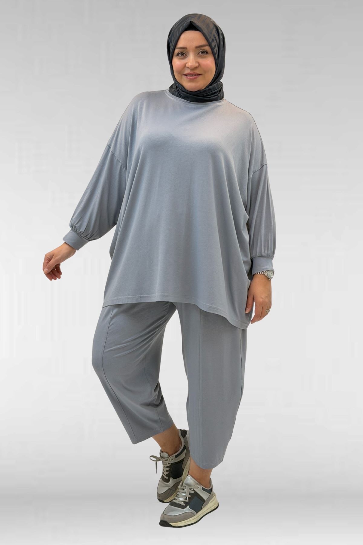 67037 Büyük Beden Düşük Kol Penye Pantolonlu Takım - Gri