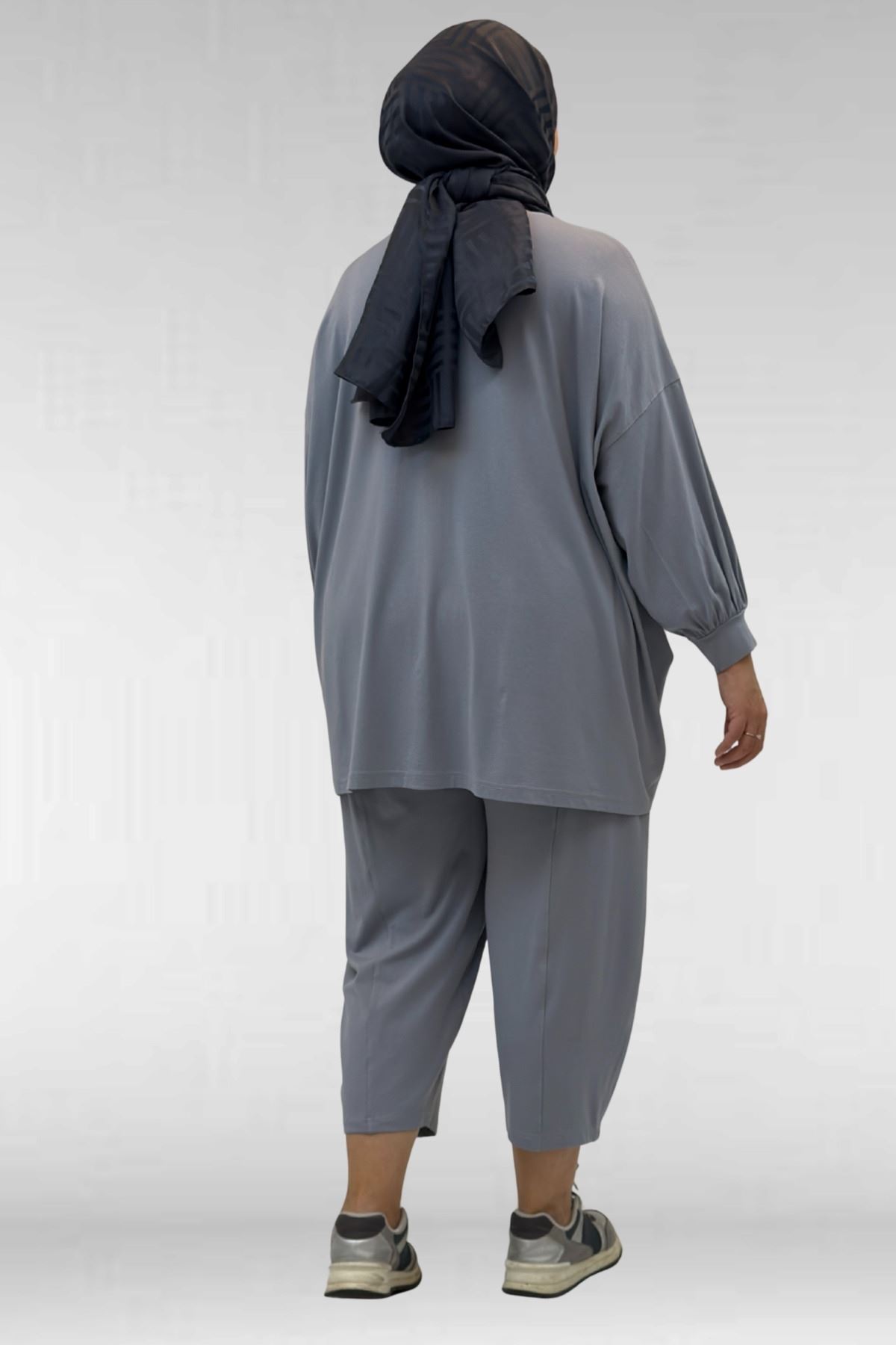 67037 Büyük Beden Düşük Kol Penye Pantolonlu Takım - Gri