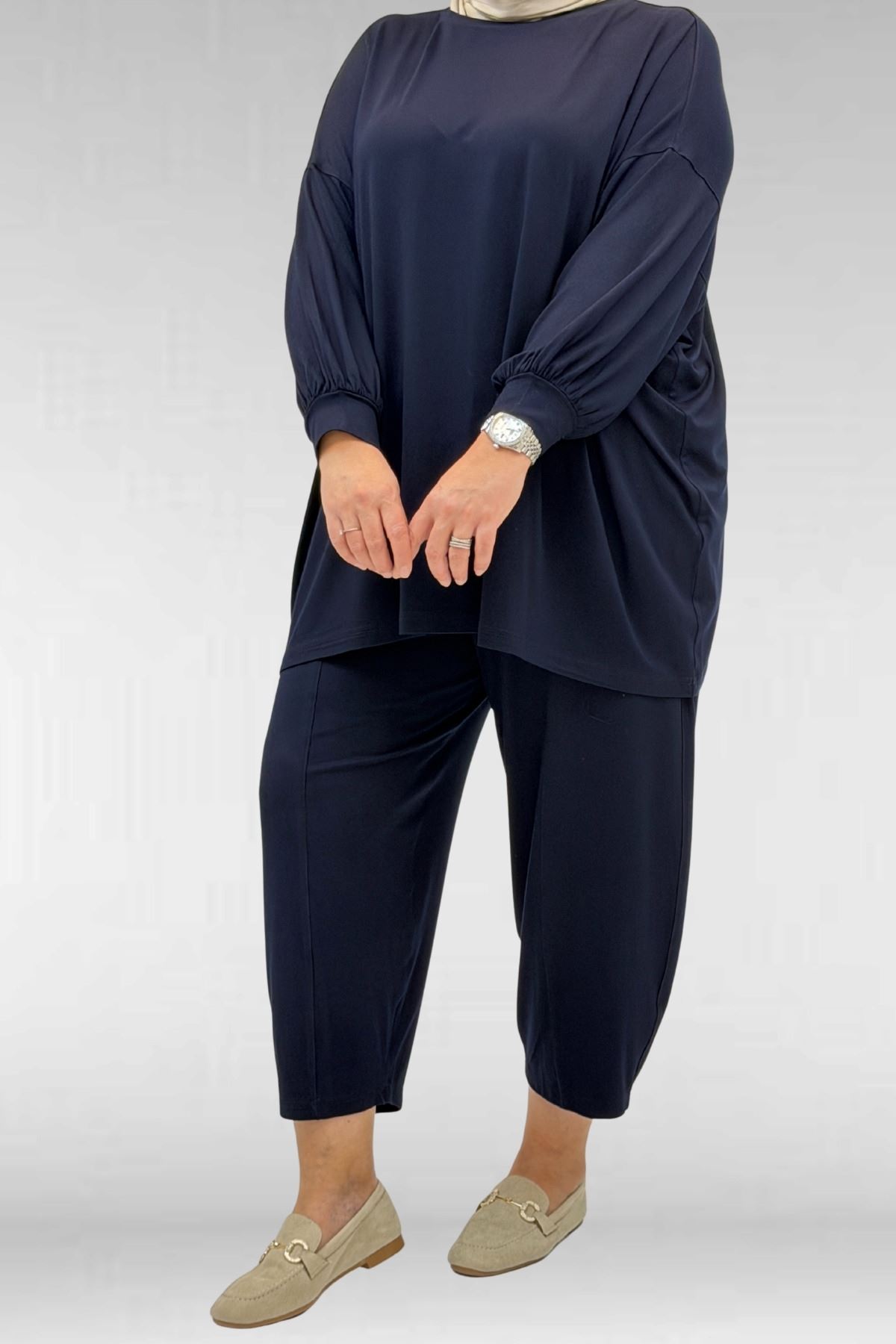 67037 Büyük Beden Düşük Kol Penye Pantolonlu Takım - Lacivert