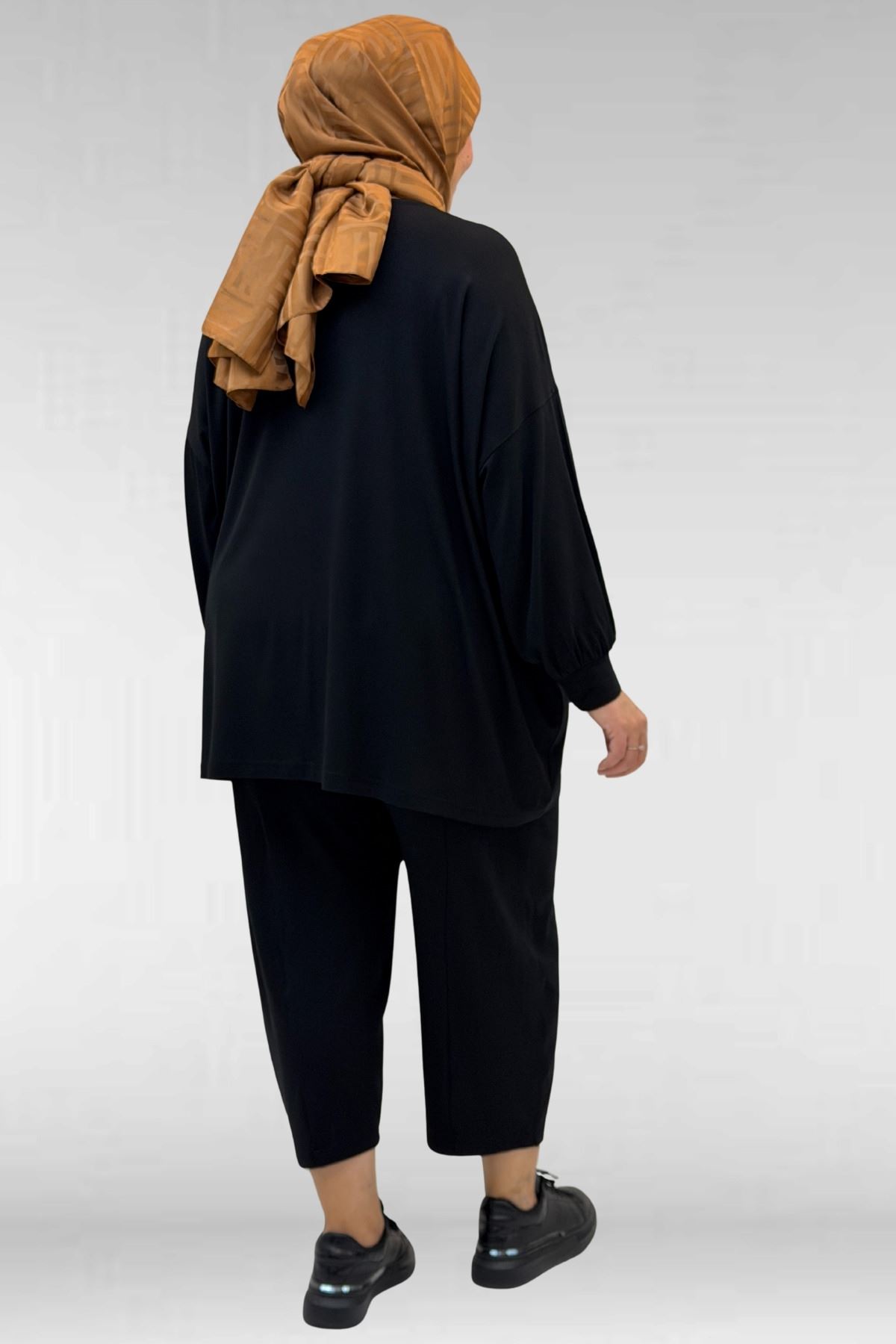67037 Büyük Beden Düşük Kol Penye Pantolonlu Takım - Siyah