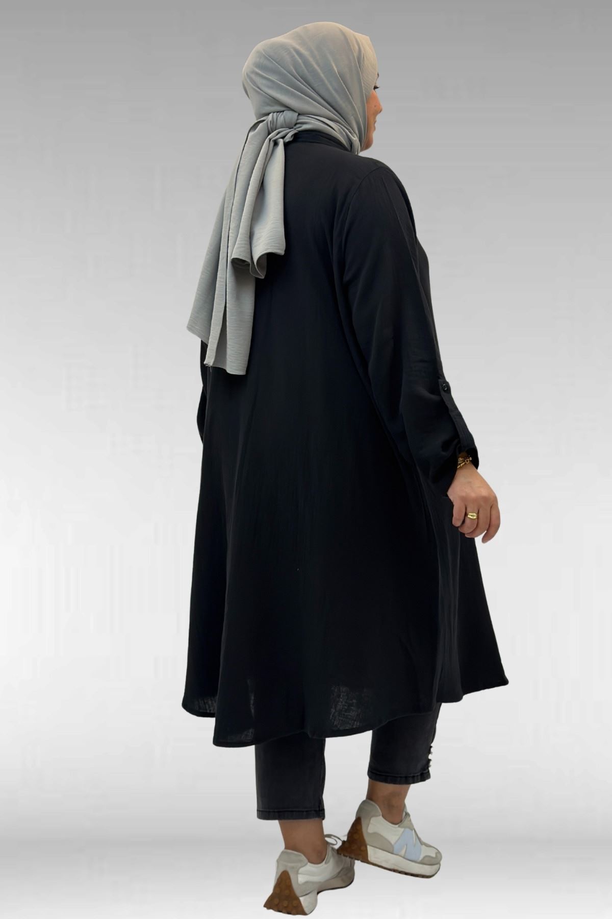 58092 Büyük Beden  Çift Düğme Detaylı Müslin Gömlek - Siyah