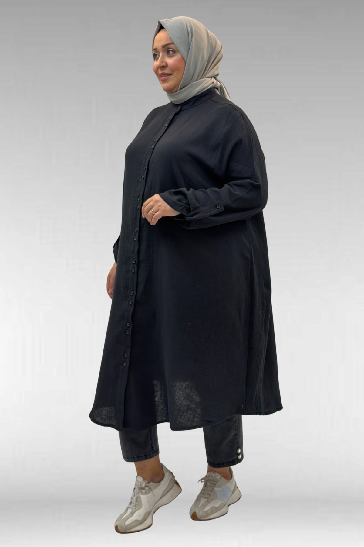 58092 Büyük Beden  Çift Düğme Detaylı Müslin Gömlek - Siyah