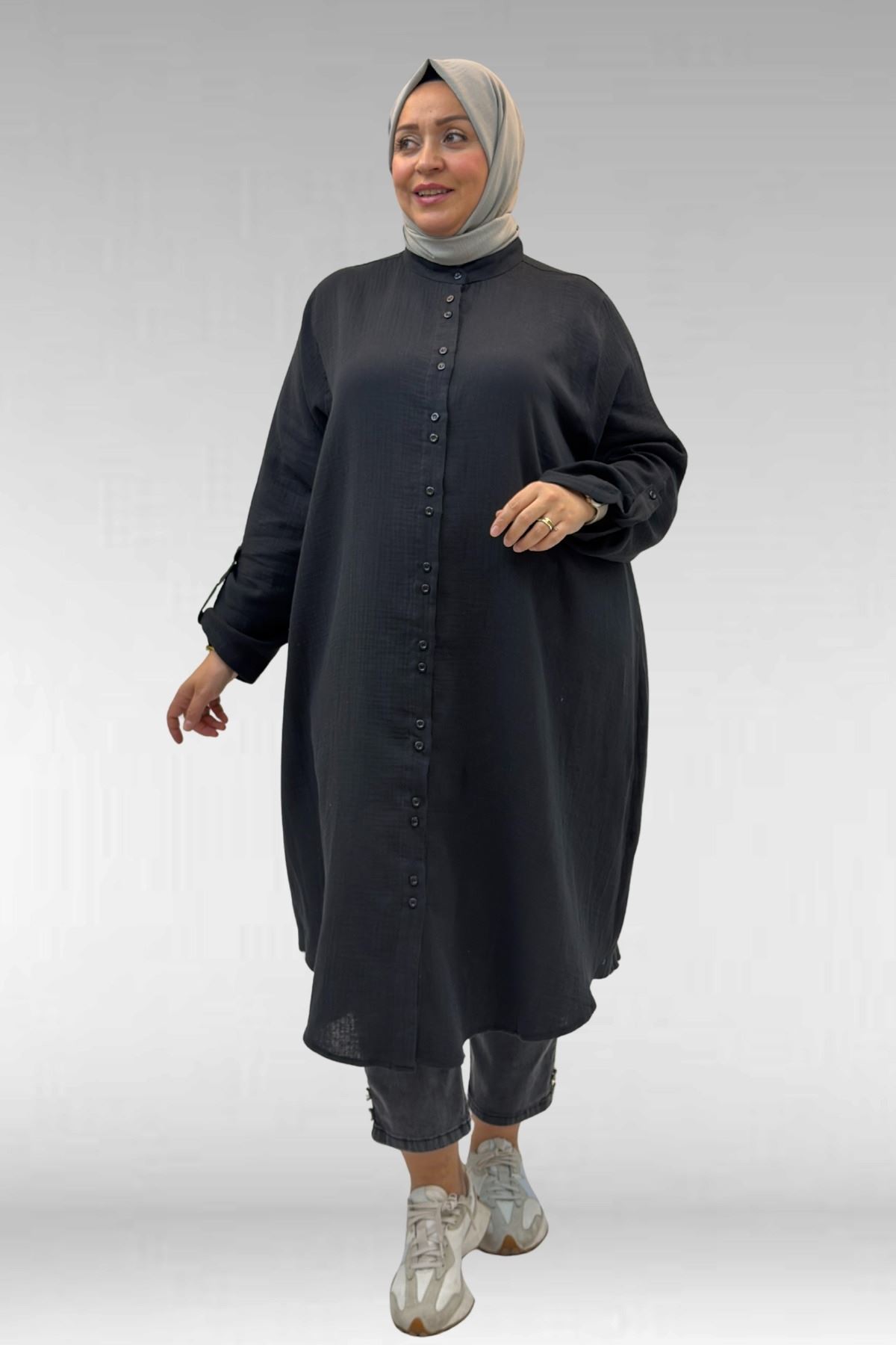 58092 Büyük Beden  Çift Düğme Detaylı Müslin Gömlek - Siyah