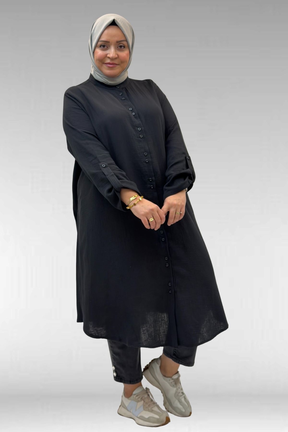 58092 Büyük Beden  Çift Düğme Detaylı Müslin Gömlek - Siyah