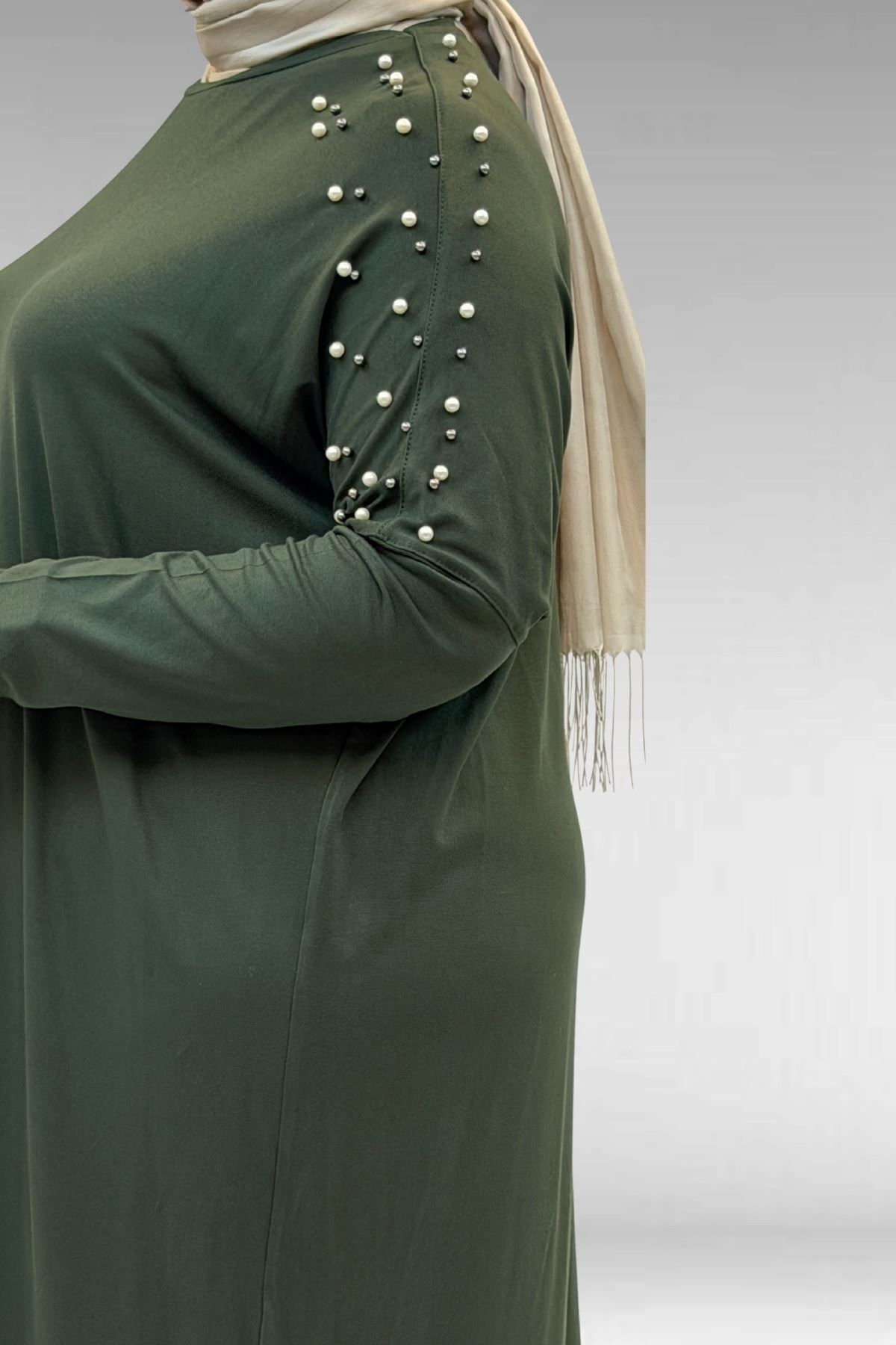 68012 Büyük Beden Omuzları Taş Detaylı Penye Tunik - Haki