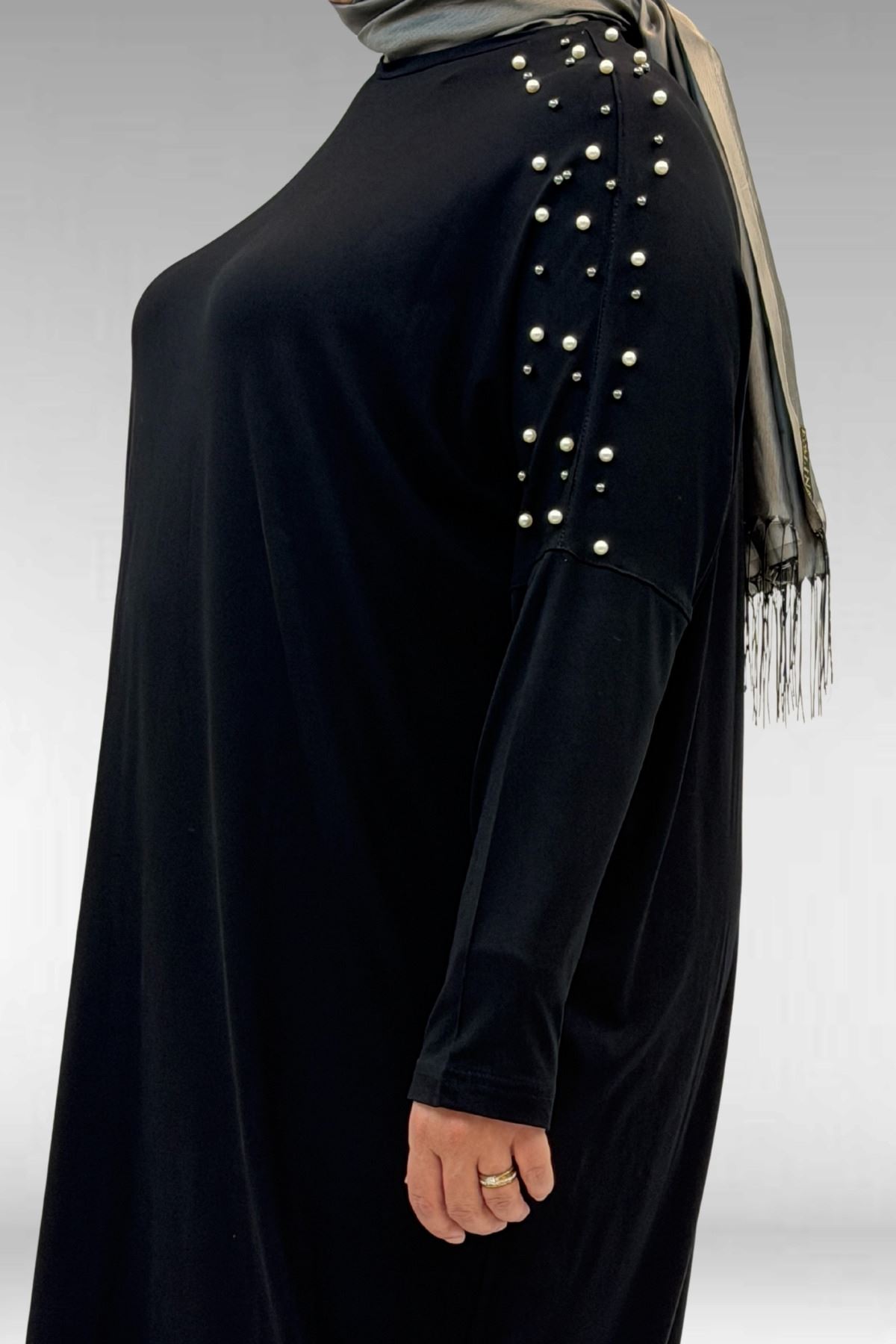 68012 Büyük Beden Omuzları Taş Detaylı Penye Tunik - Siyah