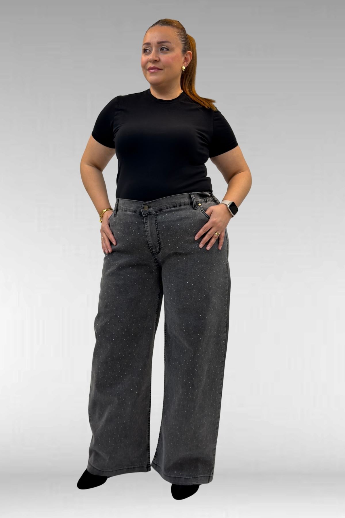 59037 Büyük Beden Önü Taşlı Bol Paça Kot Pantolon - Antrasit