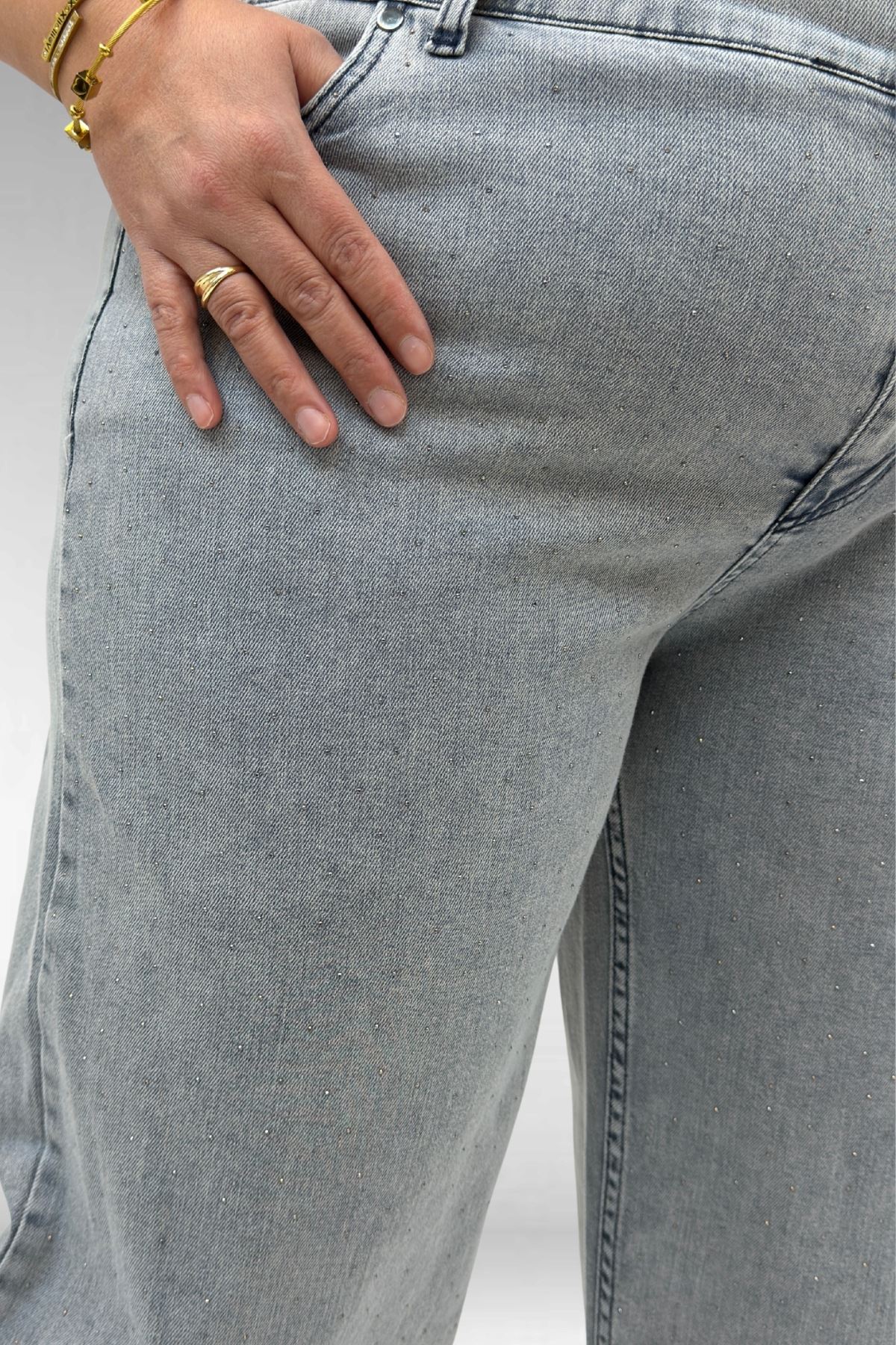 59037 Büyük Beden Önü Taşlı Bol Paça Kot Pantolon - Gri