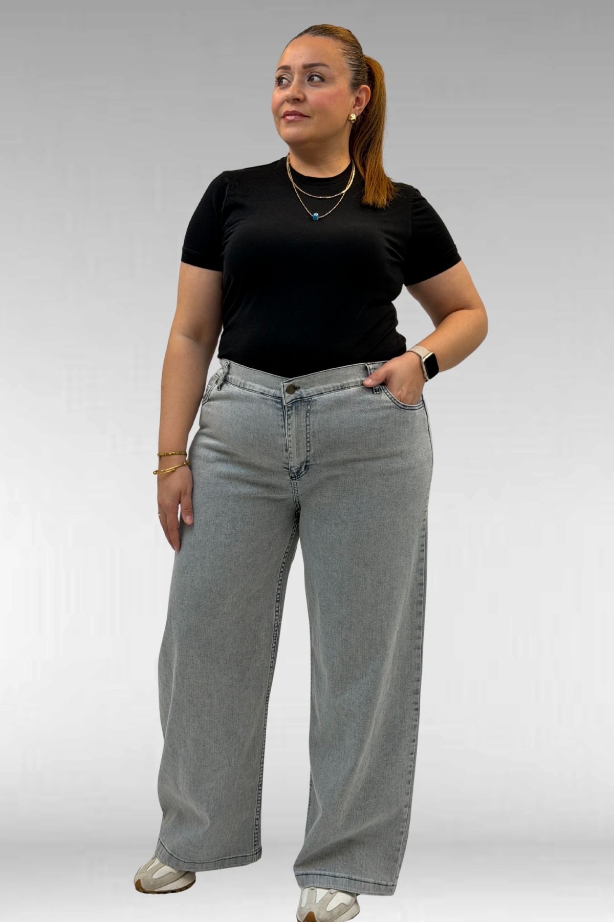 59037 Büyük Beden Önü Taşlı Bol Paça Kot Pantolon - Gri