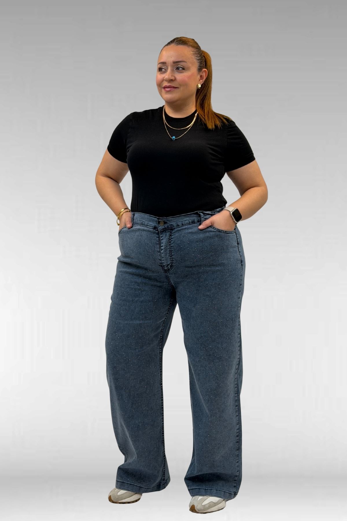 59037 Büyük Beden Önü Taşlı Bol Paça Kot Pantolon - Lacivert