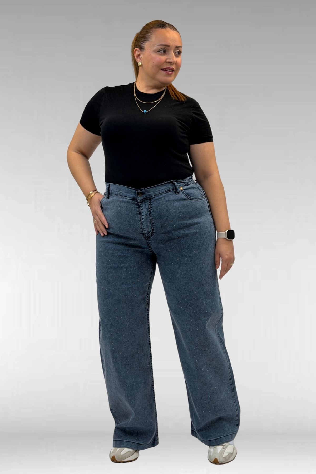 59037 Büyük Beden Önü Taşlı Bol Paça Kot Pantolon - Lacivert