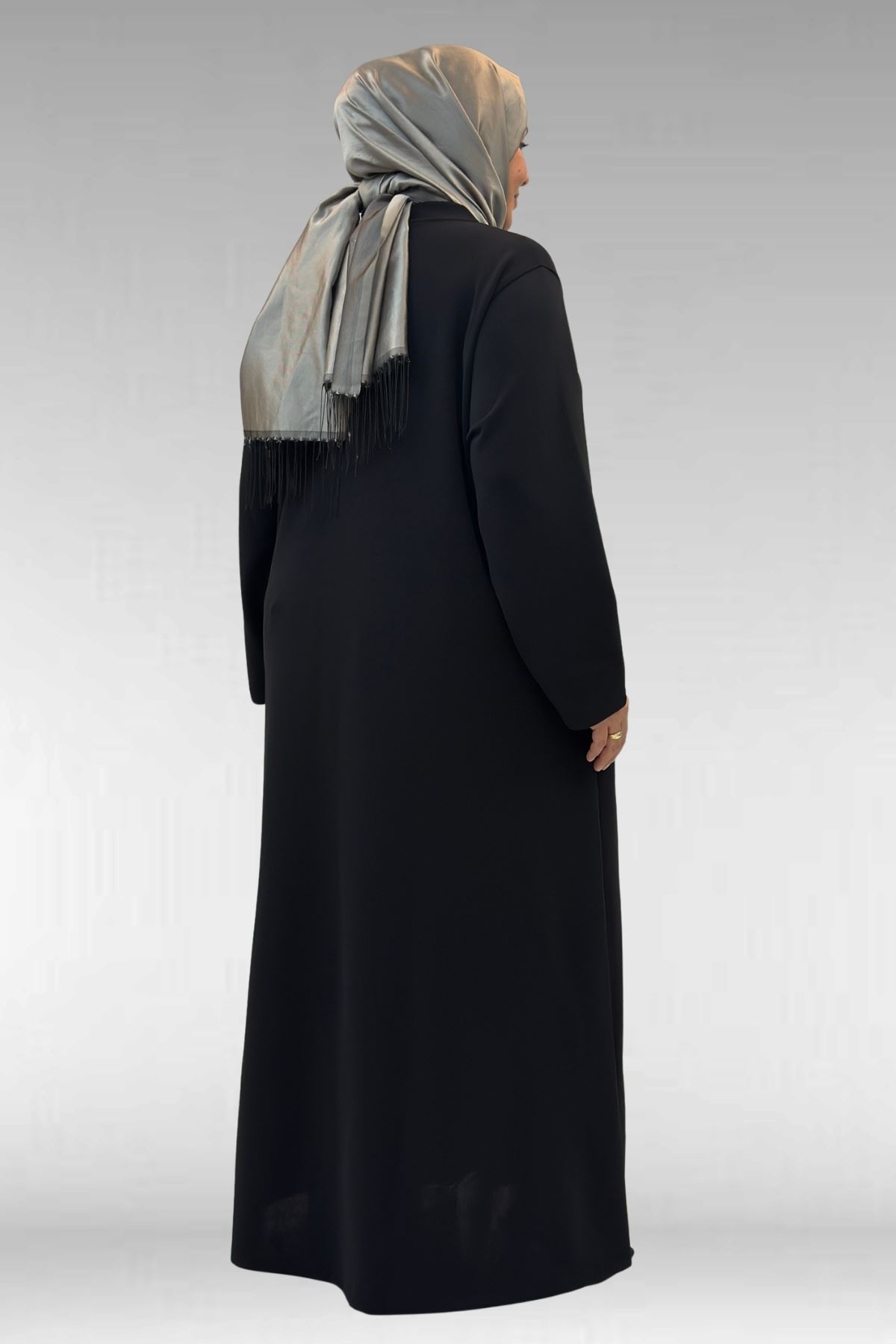 56021 Büyük Beden Boydan Fermuarlı Taş Detaylı Çelik Ferace - Siyah