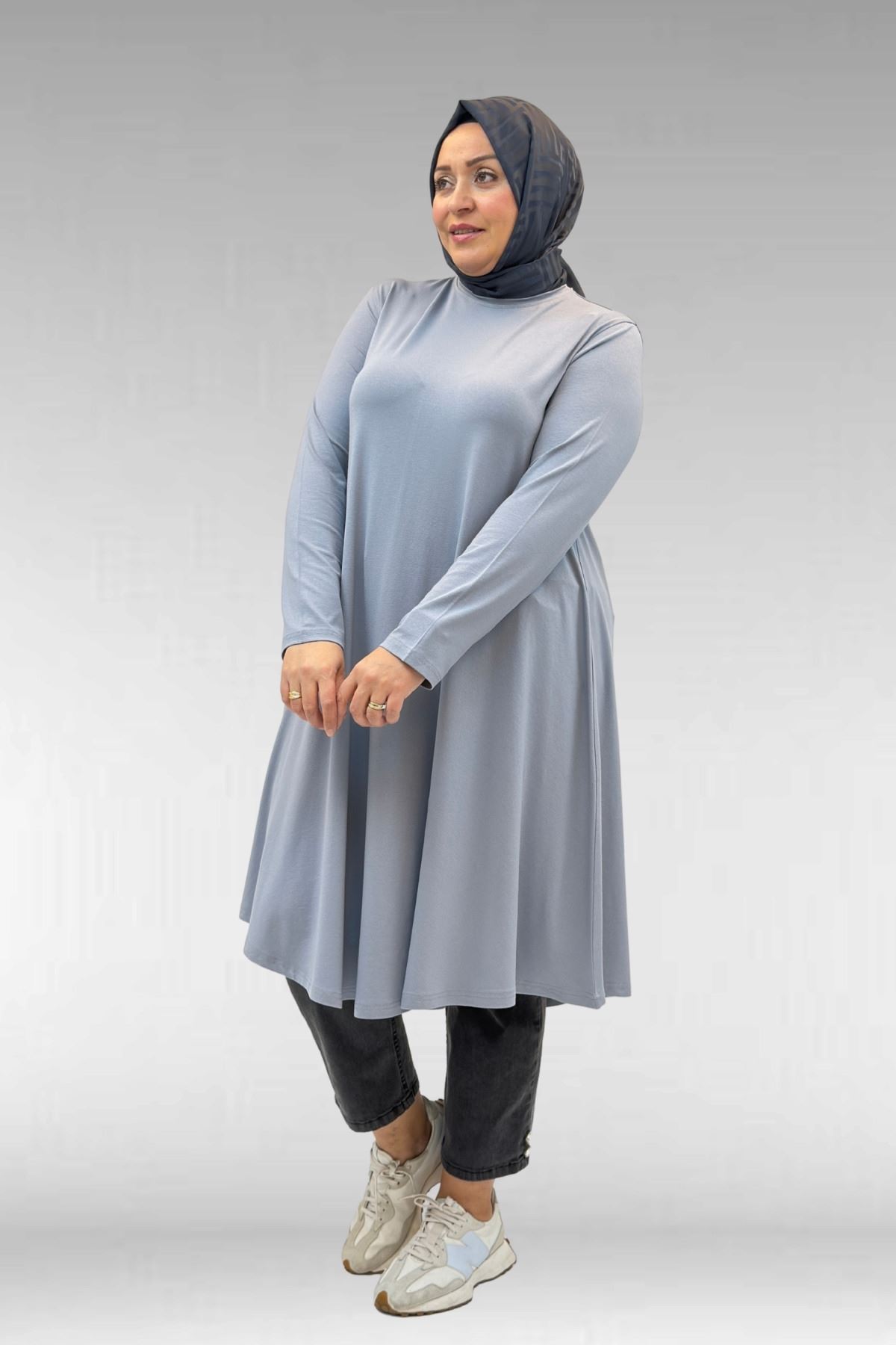 28016 Büyük Beden  Penye Mevlana Tunik - Gri
