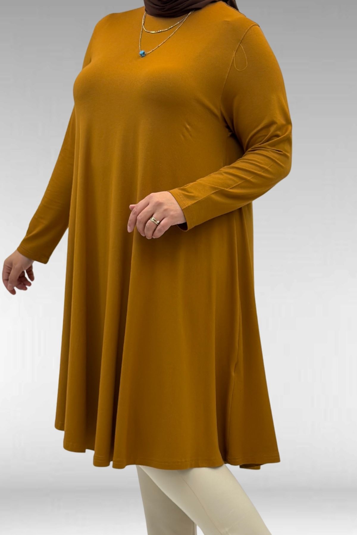 28016 Büyük Beden  Penye Mevlana Tunik - Tütün