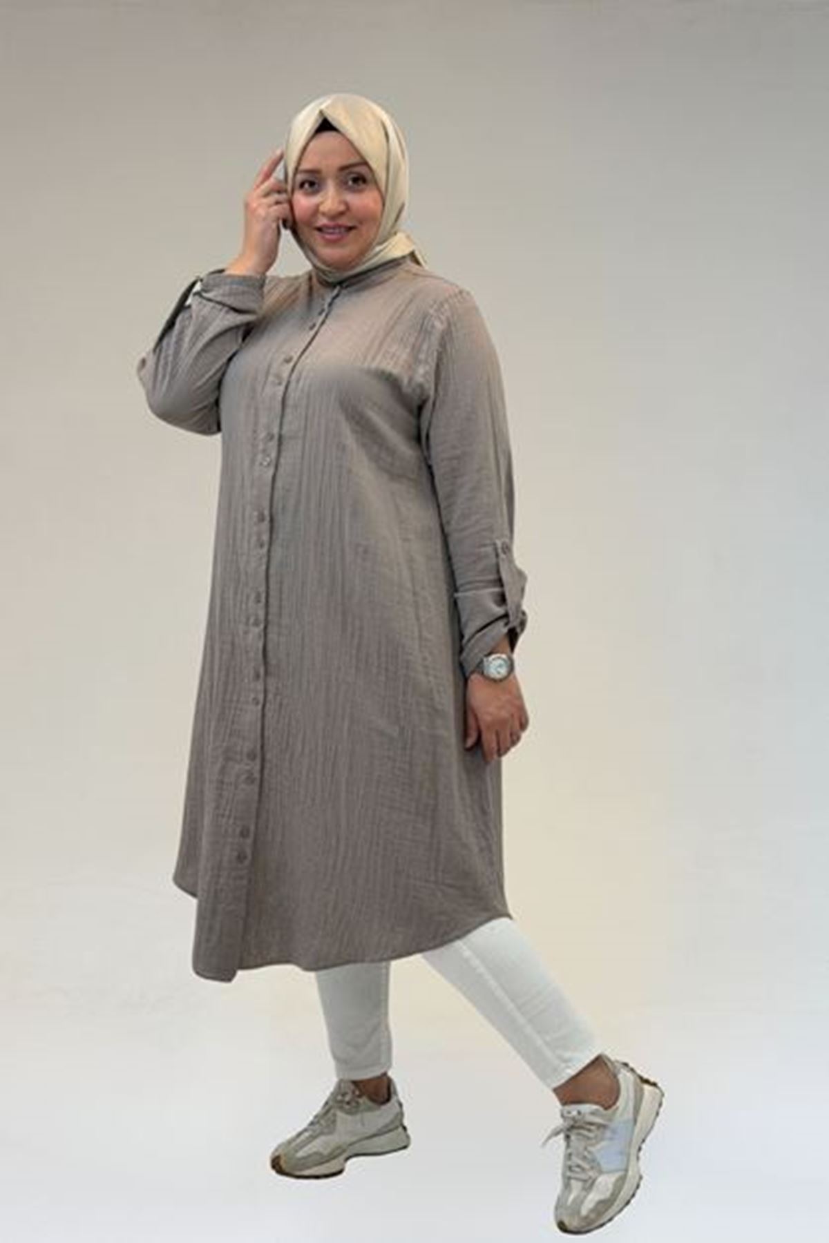 D-58092 Büyük Beden Çift Düğme Detaylı Müslin Gömlek - Vizon