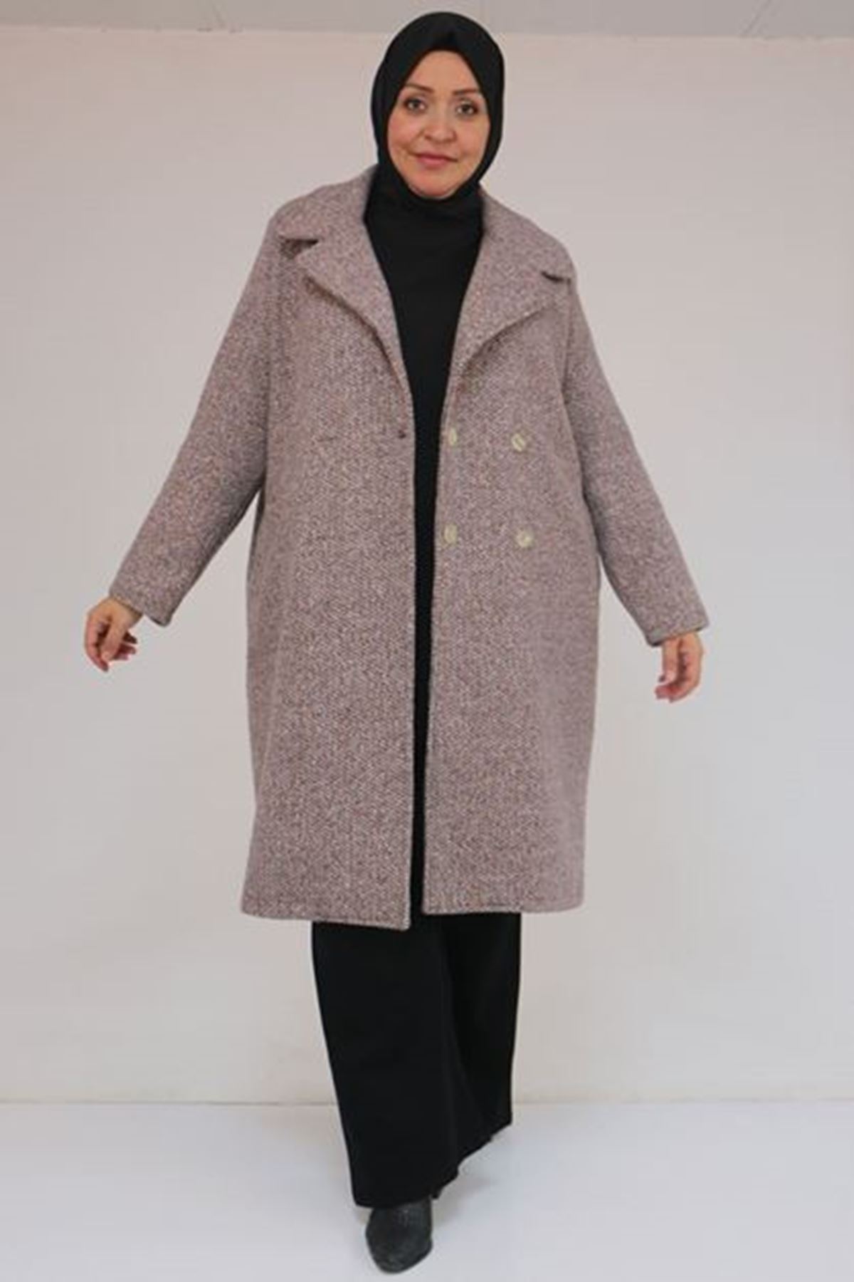 D-53037 Büyük Beden Mostralı Erkek Yaka Şanel Kaban - Kahve