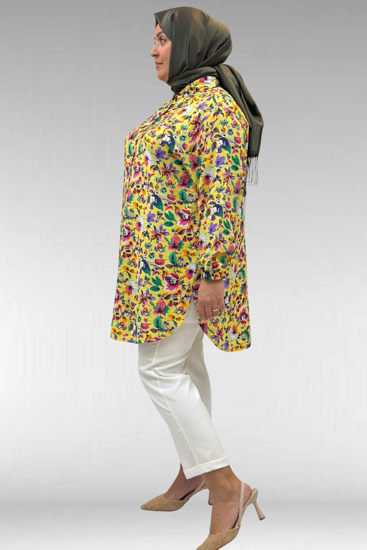 68010 Büyük Beden Yanları Yırtmaçlı Kolları Lastikli Mango Tunik - Desenli Sarı