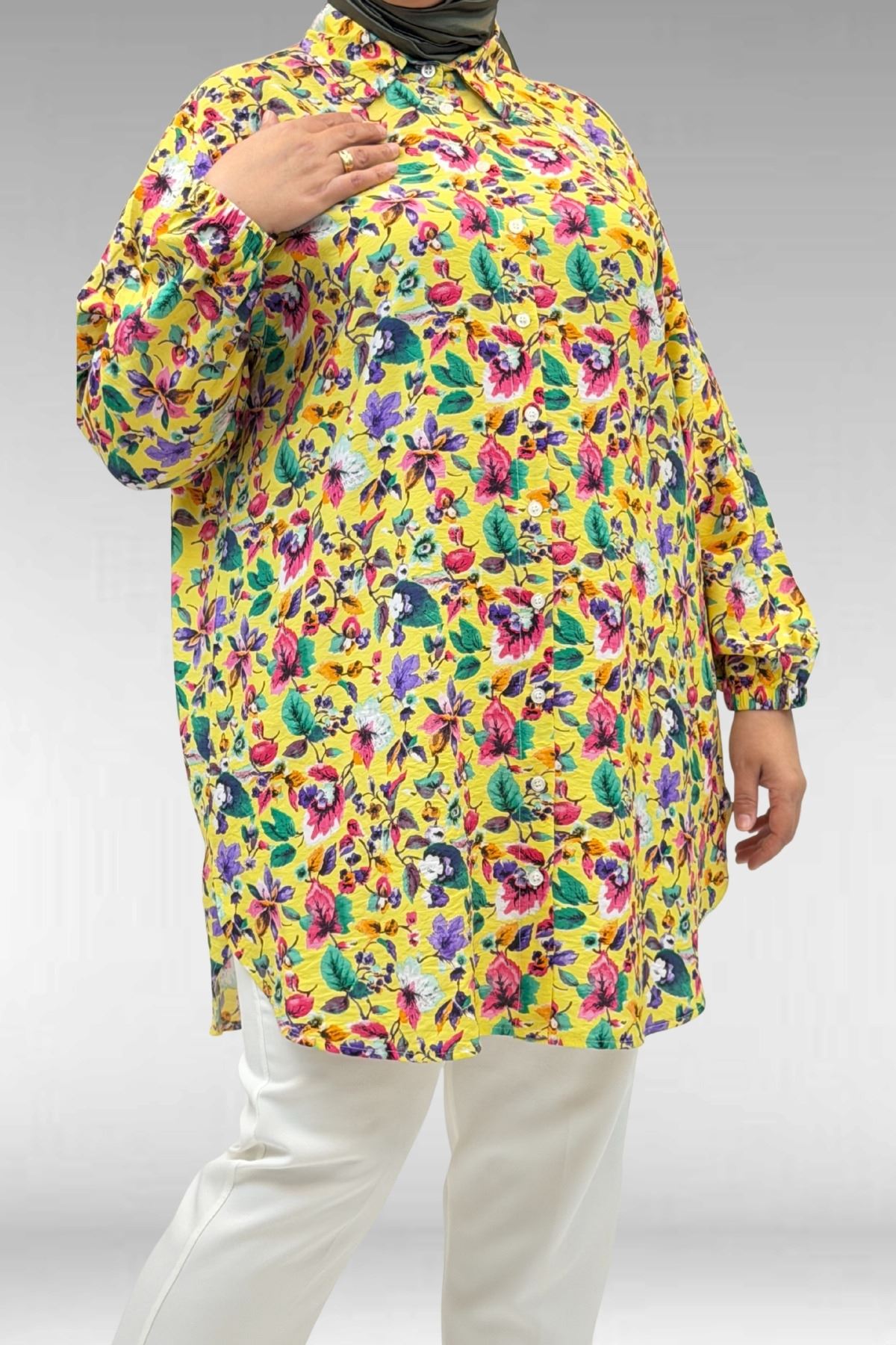 68010 Büyük Beden Yanları Yırtmaçlı Kolları Lastikli Mango Tunik - Desenli Sarı