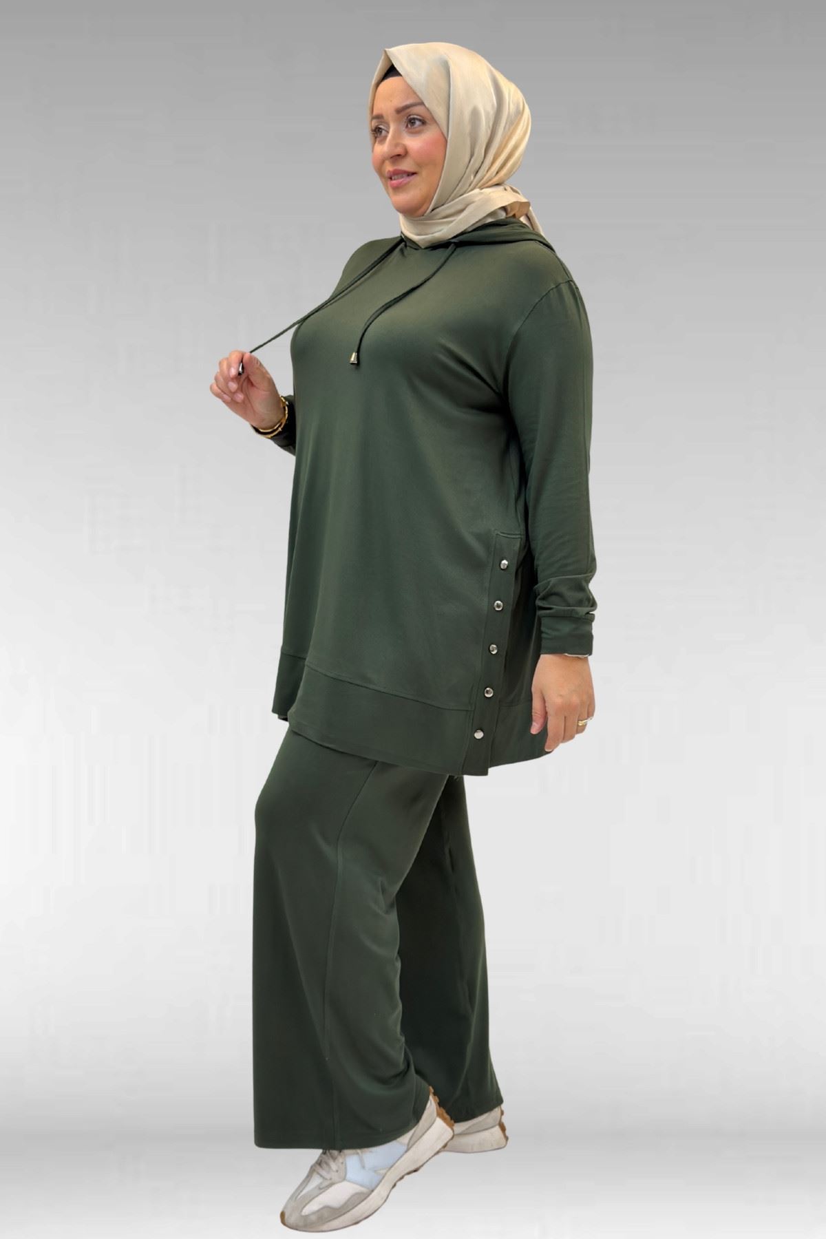 67034 Büyük Beden Yanları Patlı Penye Pantolonlu Takım - Haki