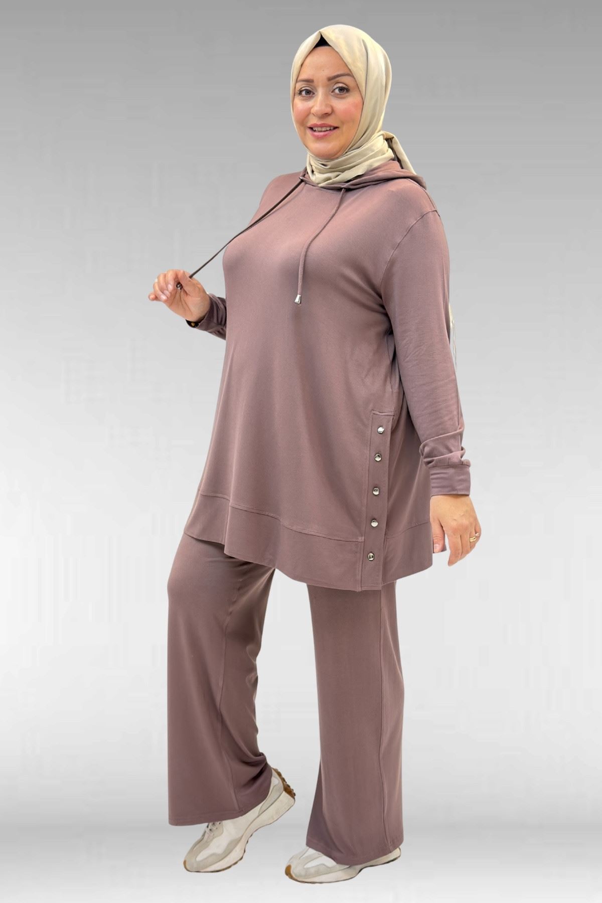 67034 Büyük Beden Yanları Patlı Penye Pantolonlu Takım - Vizon