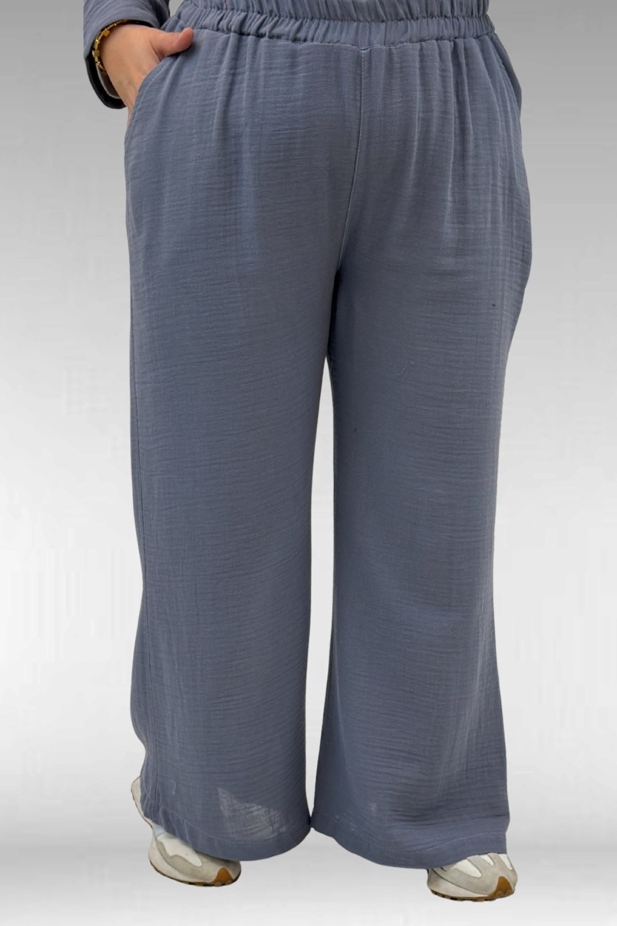 67035 Büyük Beden Kapşonlu Fermuarlı Müslin Pantolonlu Takım - Antrasit