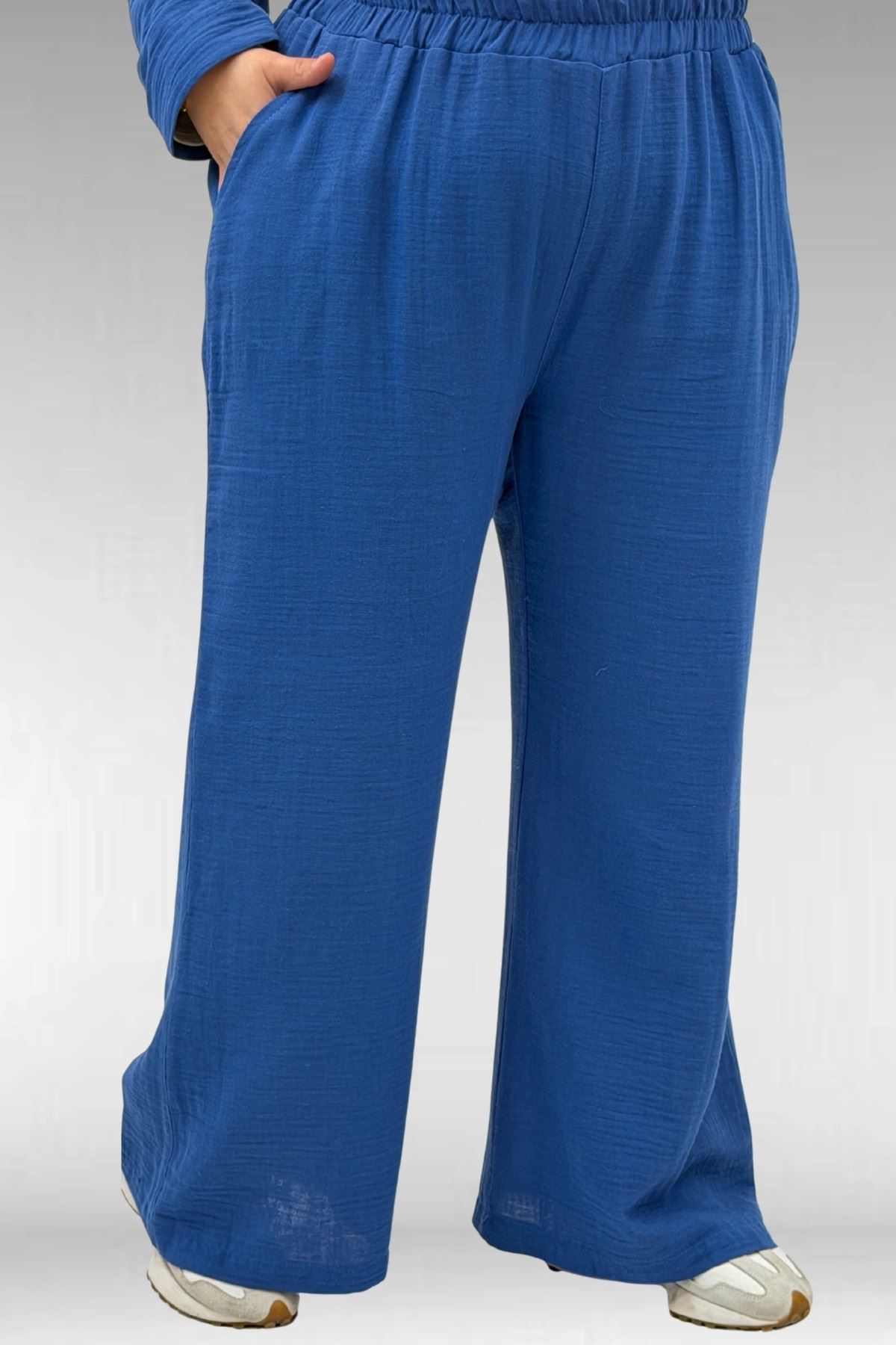 67035 Büyük Beden Kapşonlu Fermuarlı Müslin Pantolonlu Takım - İndigo