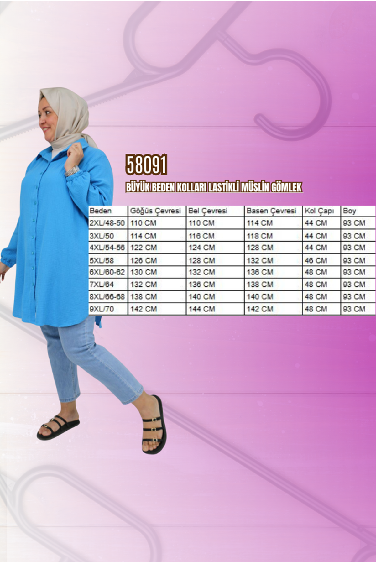 58091 Büyük Beden Kolları Lastikli Müslin Gömlek - Siyah