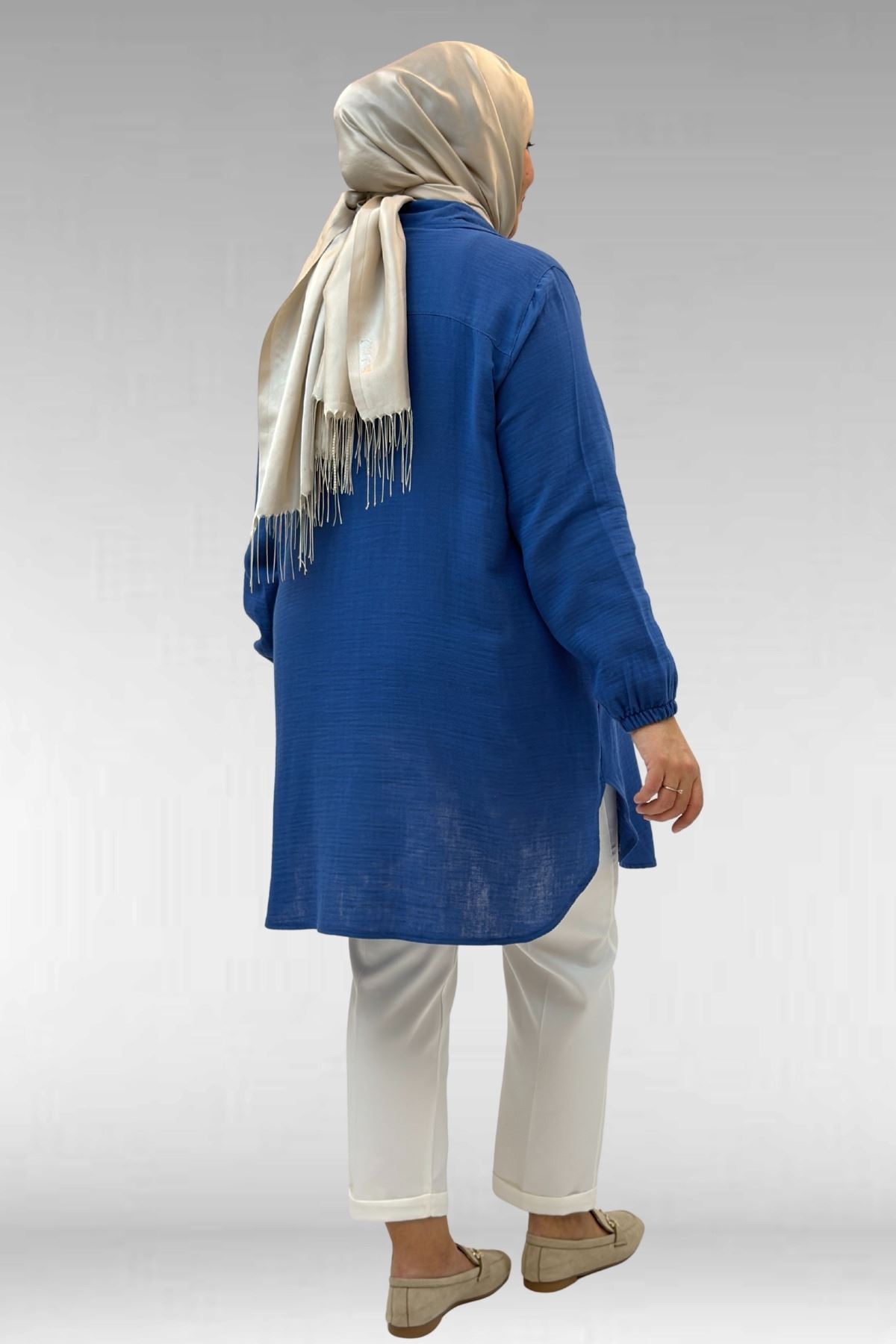 58091 Büyük Beden Kolları Lastikli Müslin Gömlek - İndigo