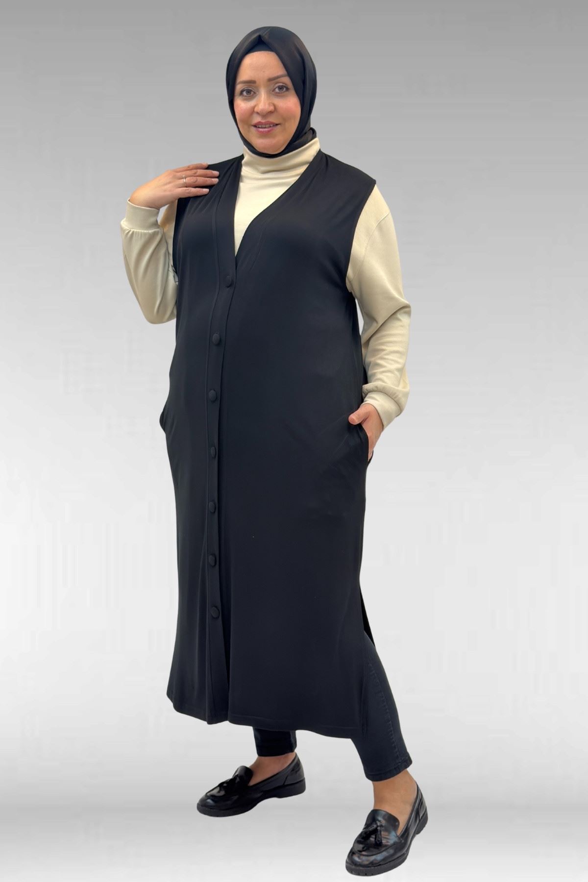 54017 Büyük Bedenkaplama Düğmeli Giy-Çık Penye Yelek - Siyah