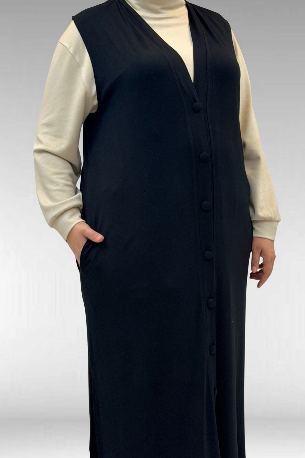 54017 Büyük Bedenkaplama Düğmeli Giy-Çık Penye Yelek - Siyah