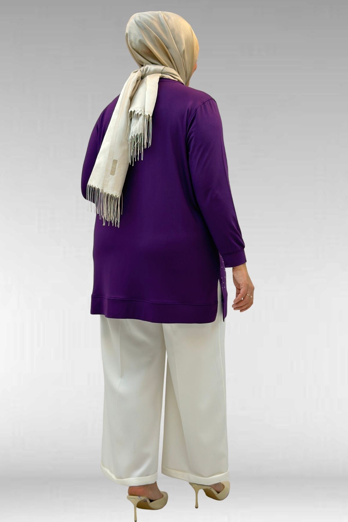 68011 Büyük Beden Önü Taş Detaylı Penye Tunik - Mor