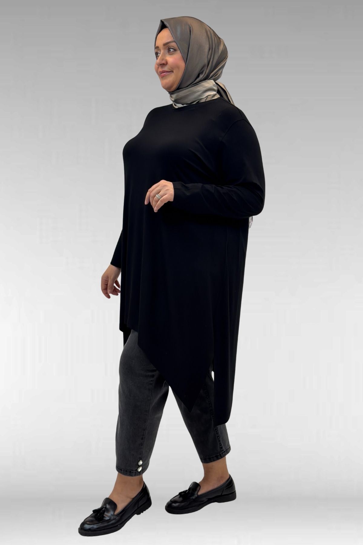 58070 Büyük Beden Asimetrik Kesim Penye Tunik - Siyah