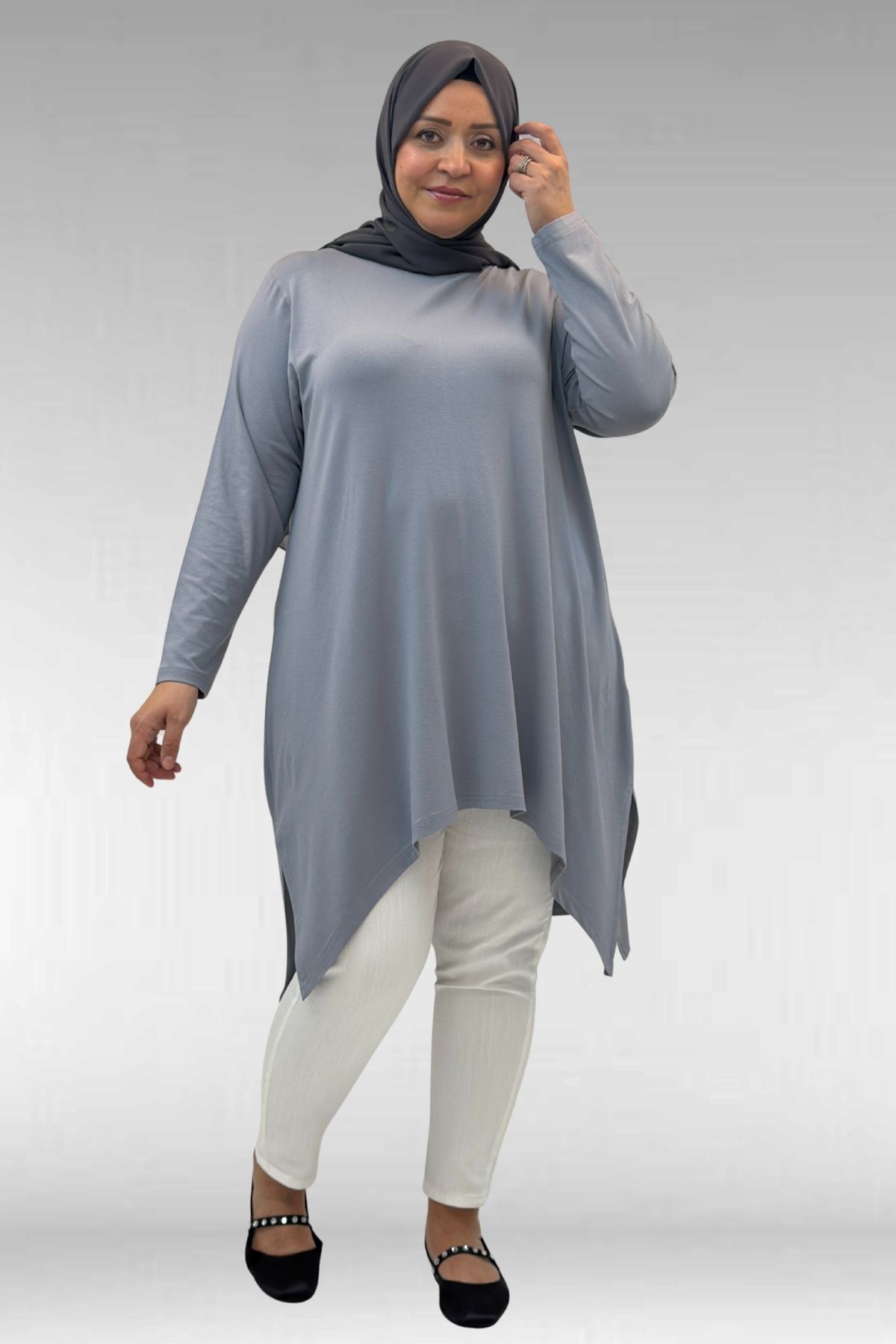 58070 Büyük Beden Asimetrik Kesim Penye Tunik - Gri