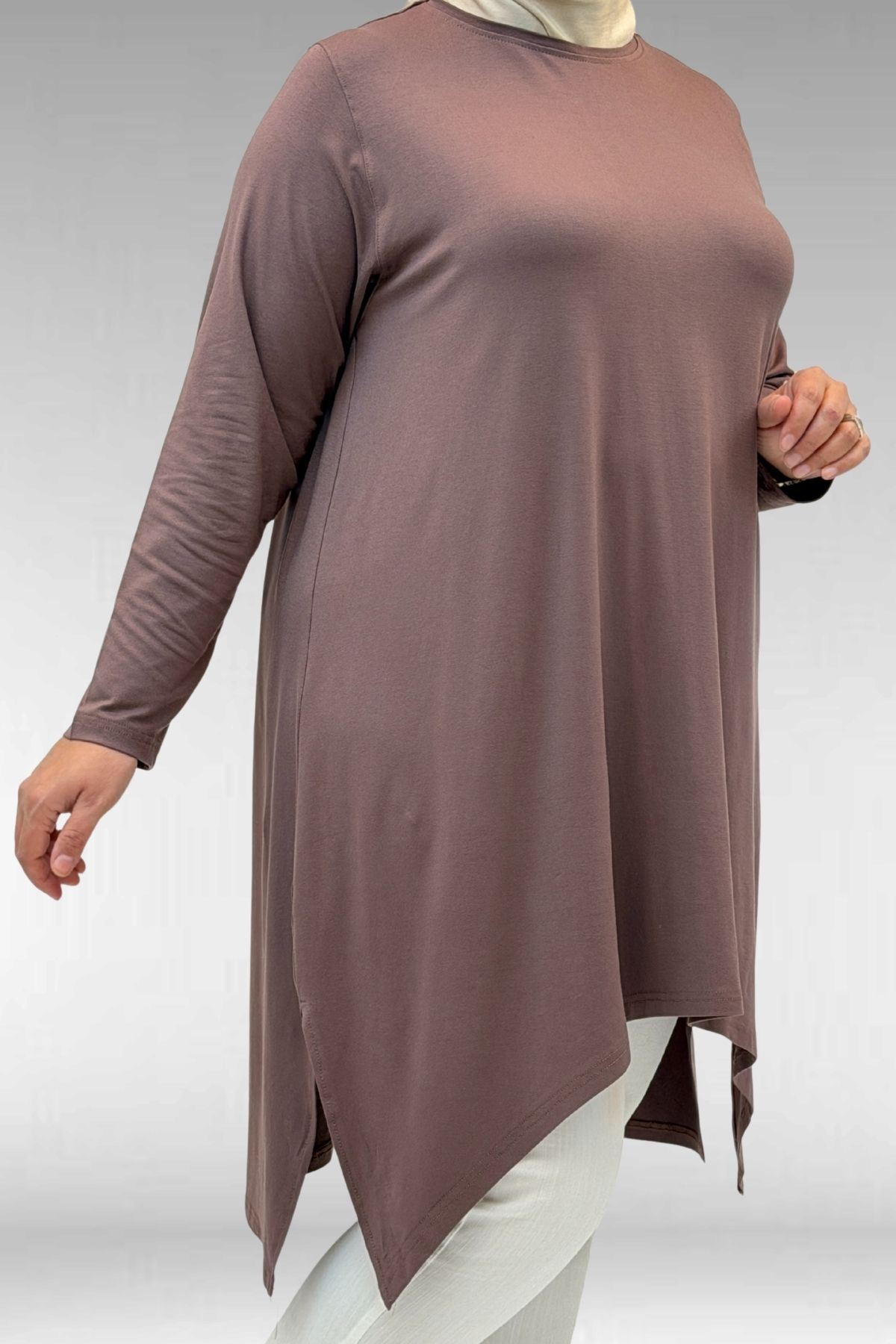 58070 Büyük Beden Asimetrik Kesim Penye Tunik - Vizon