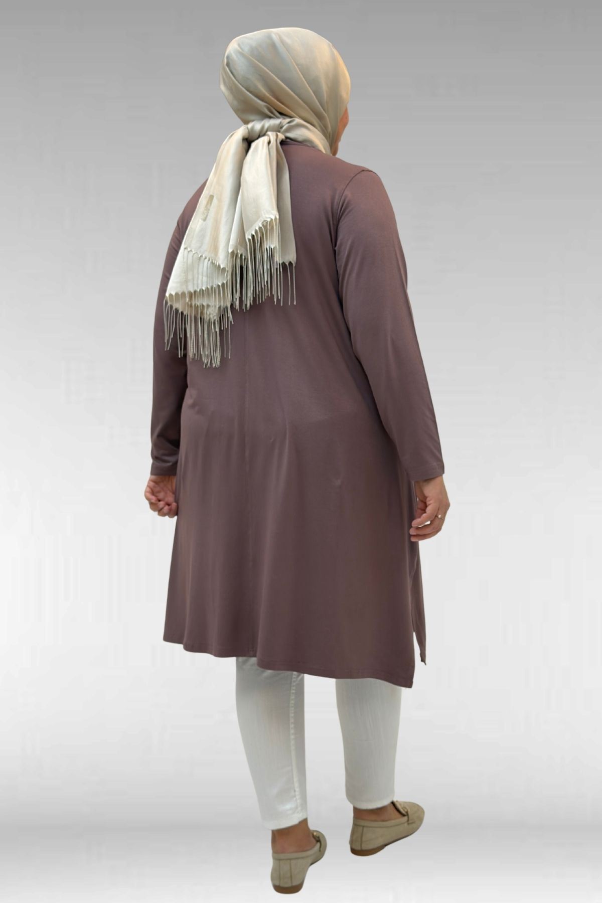 58070 Büyük Beden Asimetrik Kesim Penye Tunik - Vizon