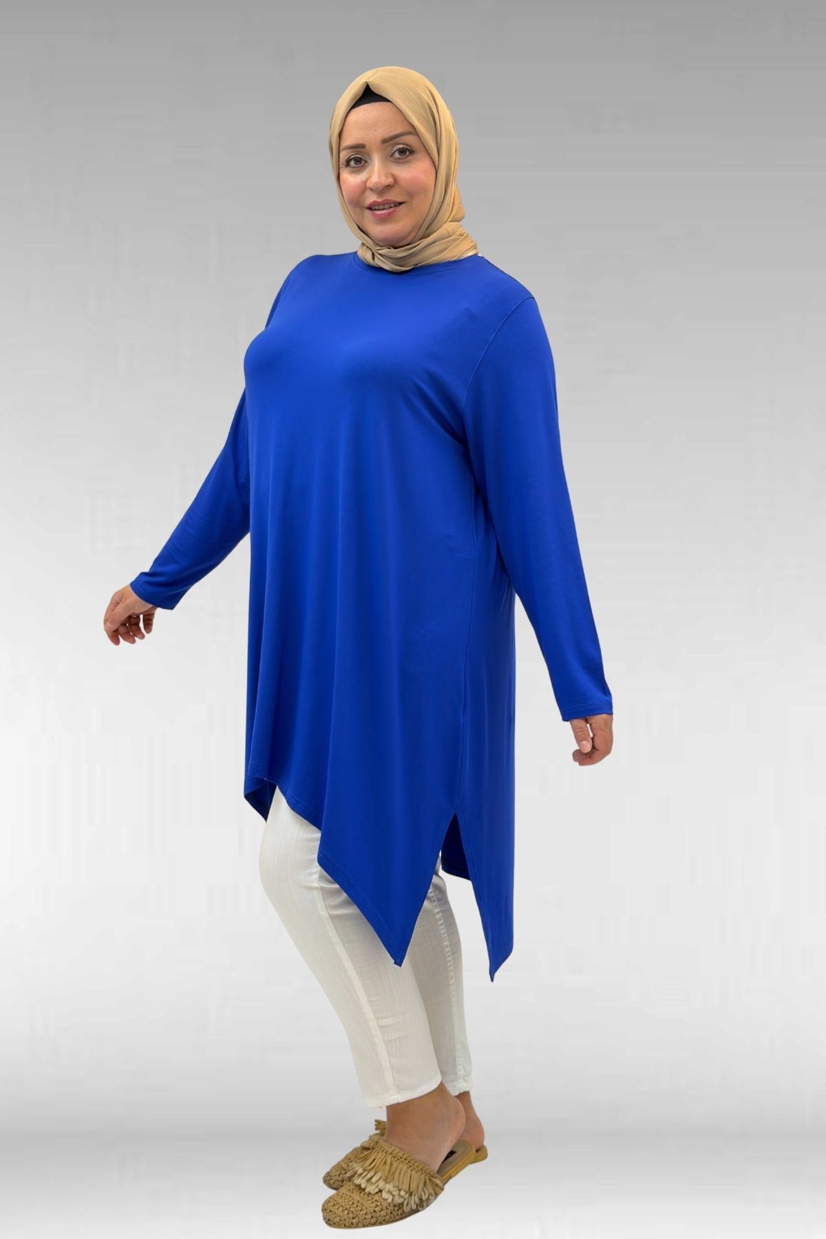 58070 Büyük Beden Asimetrik Kesim Penye Tunik - Saks