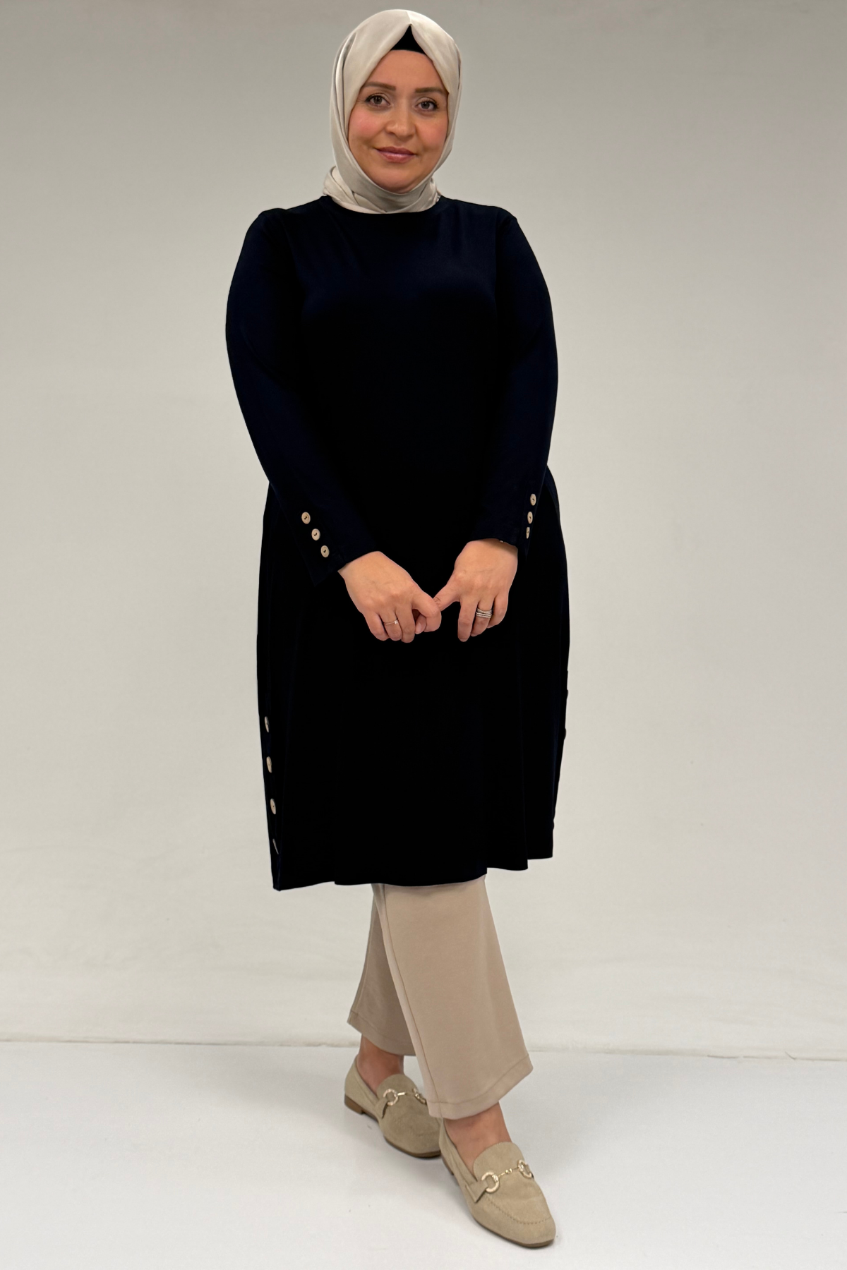 38015 Plus Size Button Detailed Combed Cotton Tunic - Navy blue