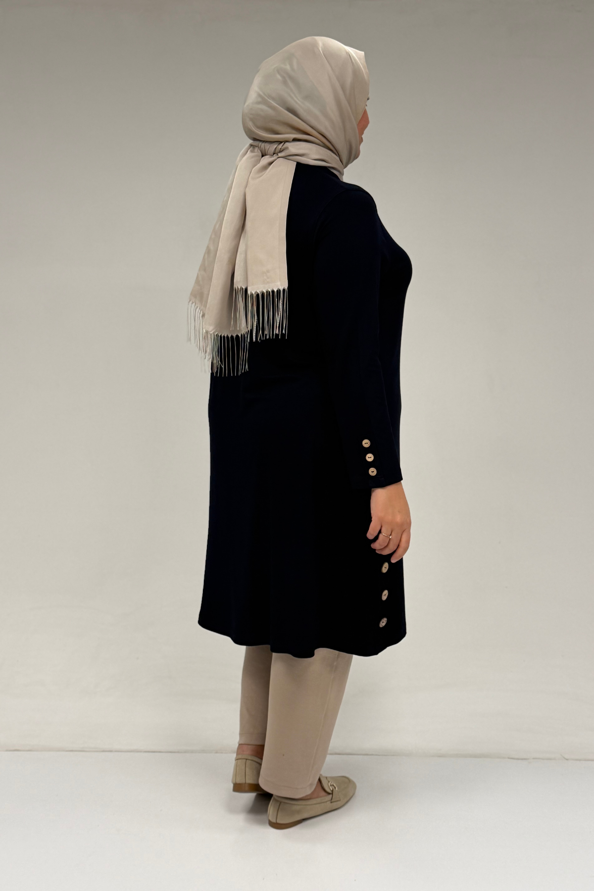 38015 Plus Size Button Detailed Combed Cotton Tunic - Navy blue