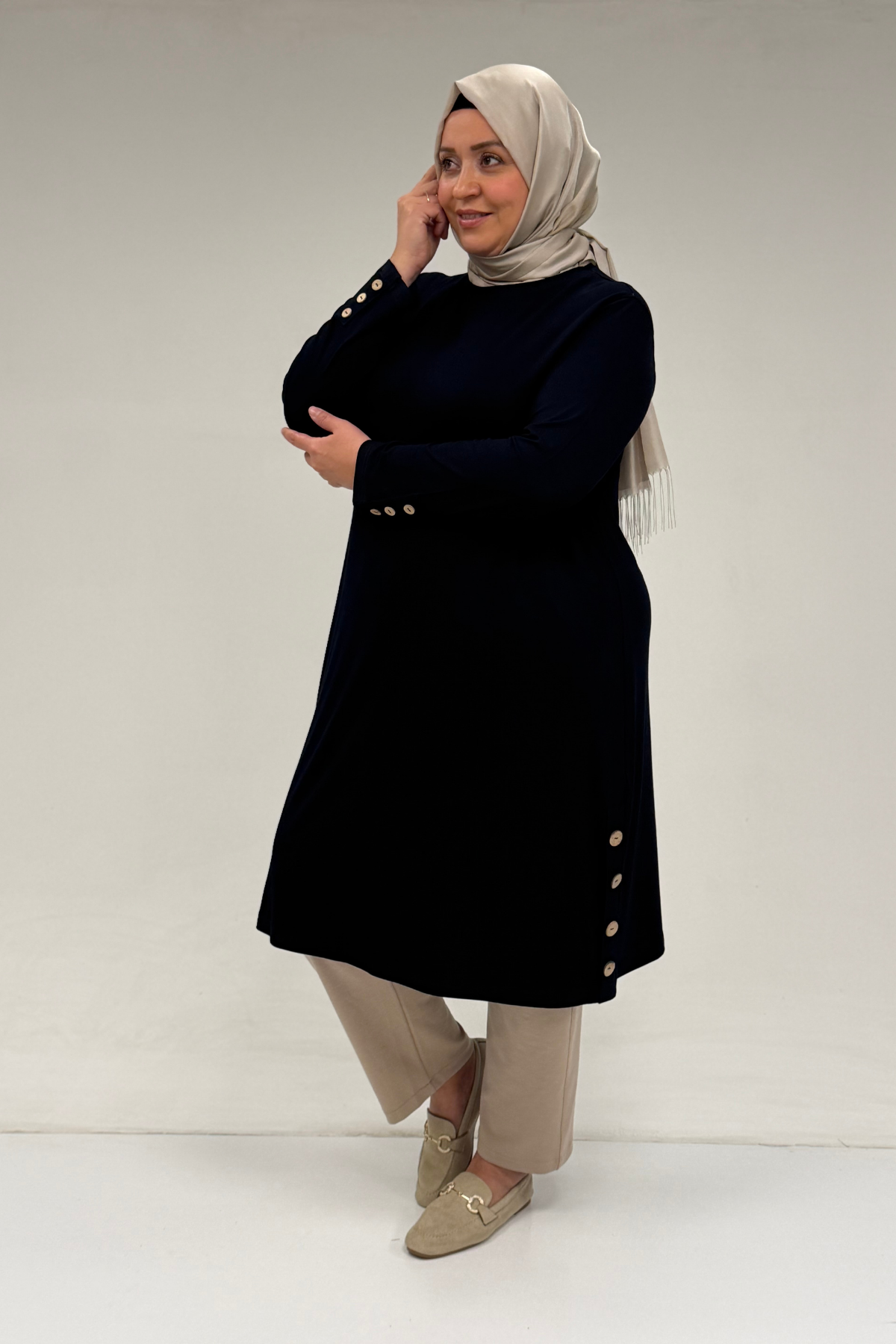 38015 Plus Size Button Detailed Combed Cotton Tunic - Navy blue