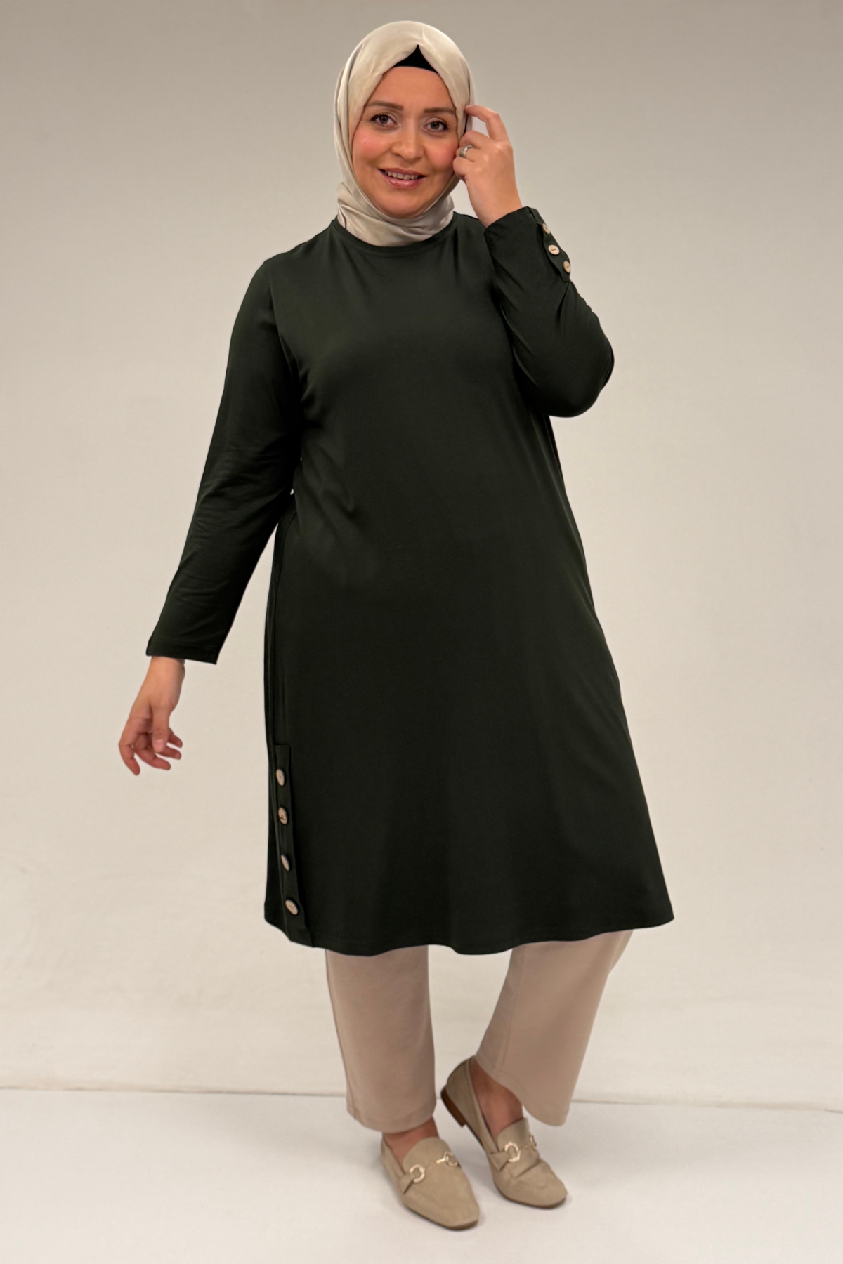8180 Plus Size Button Detailed Tunic - Coffee
