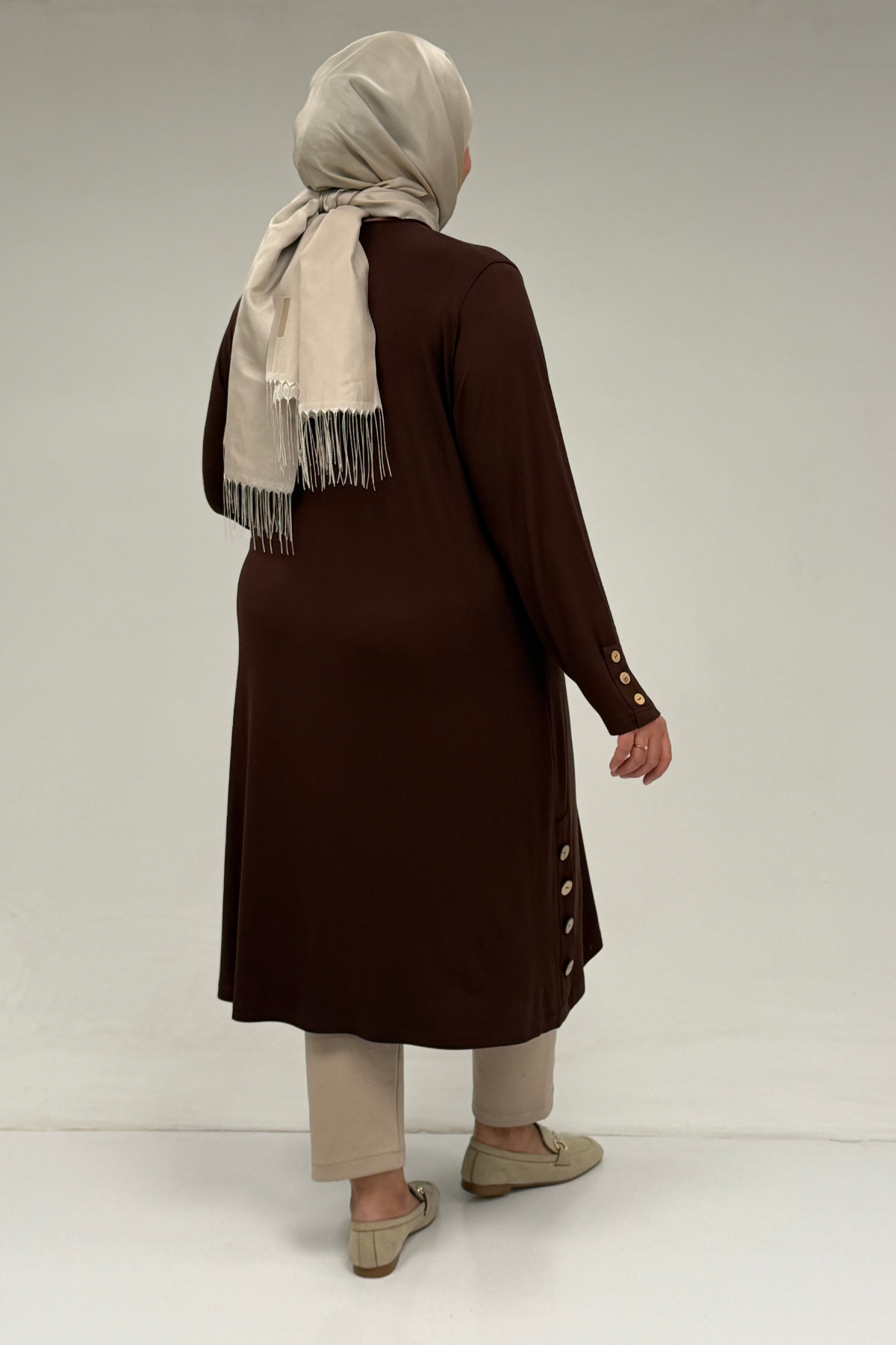 38015 Plus Size Button Detailed Combed Cotton Tunic - Brown