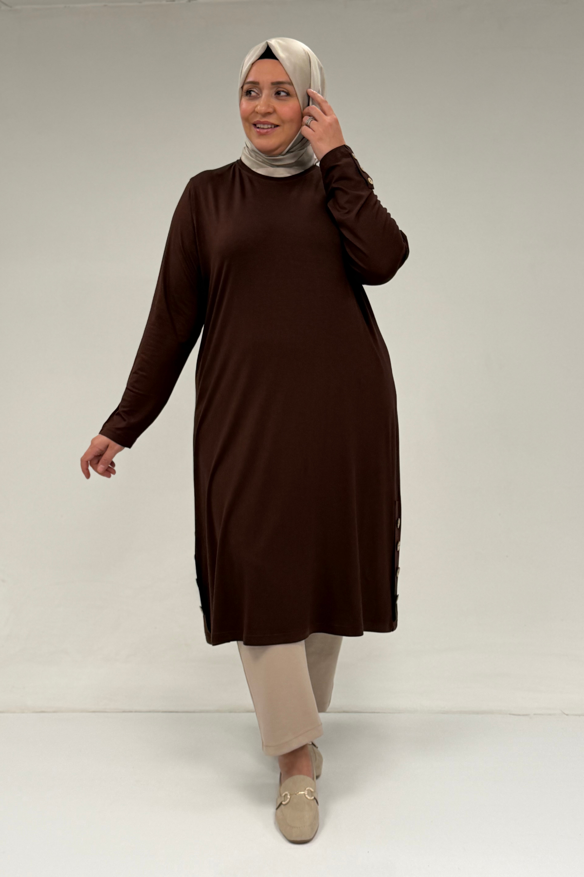 38015 Plus Size Button Detailed Combed Cotton Tunic - Brown