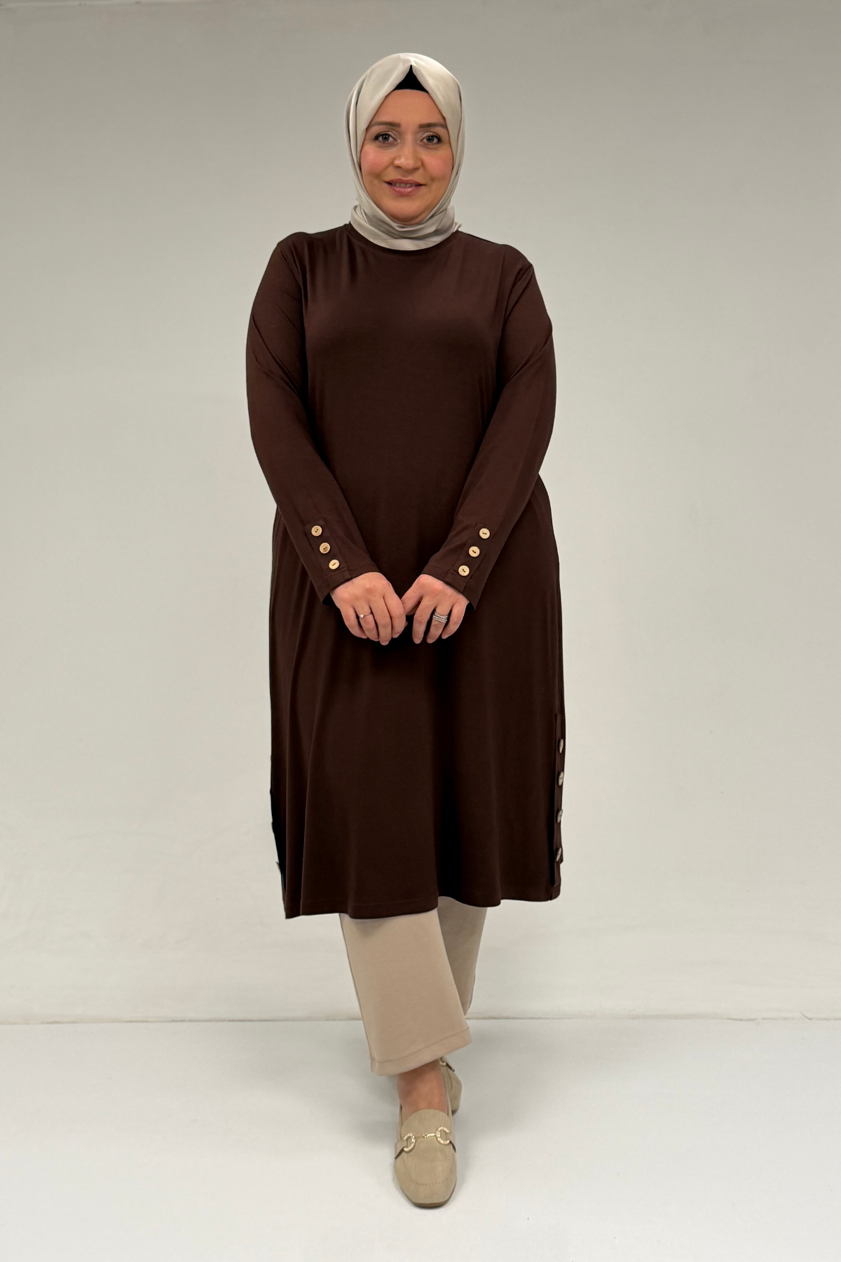38015 Plus Size Button Detailed Combed Cotton Tunic - Brown