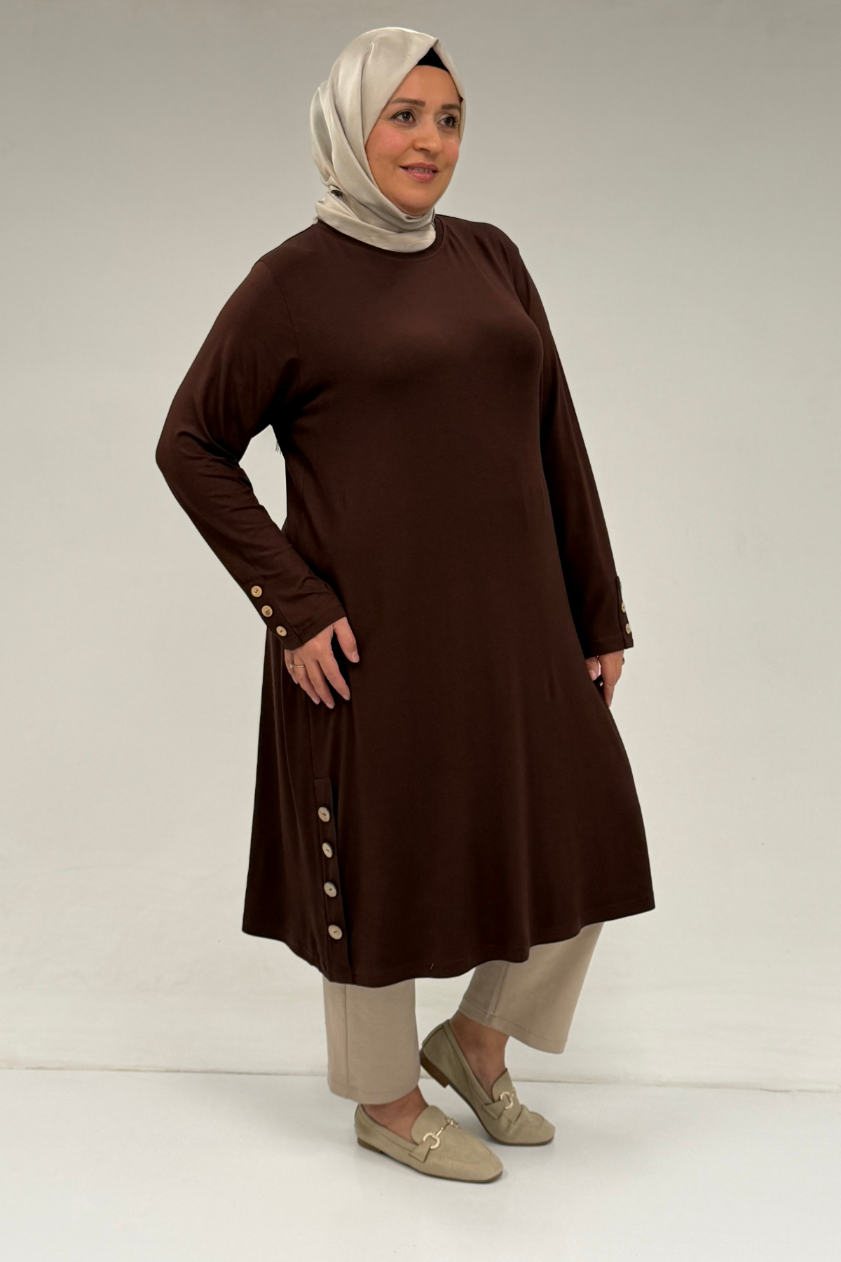 38015 Plus Size Button Detailed Combed Cotton Tunic - Brown