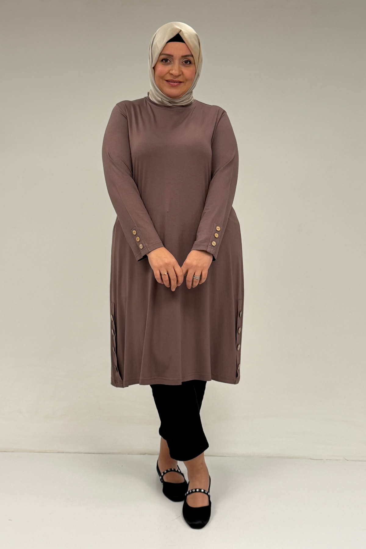 8180 Plus Size Button Detailed Tunic - Coffee
