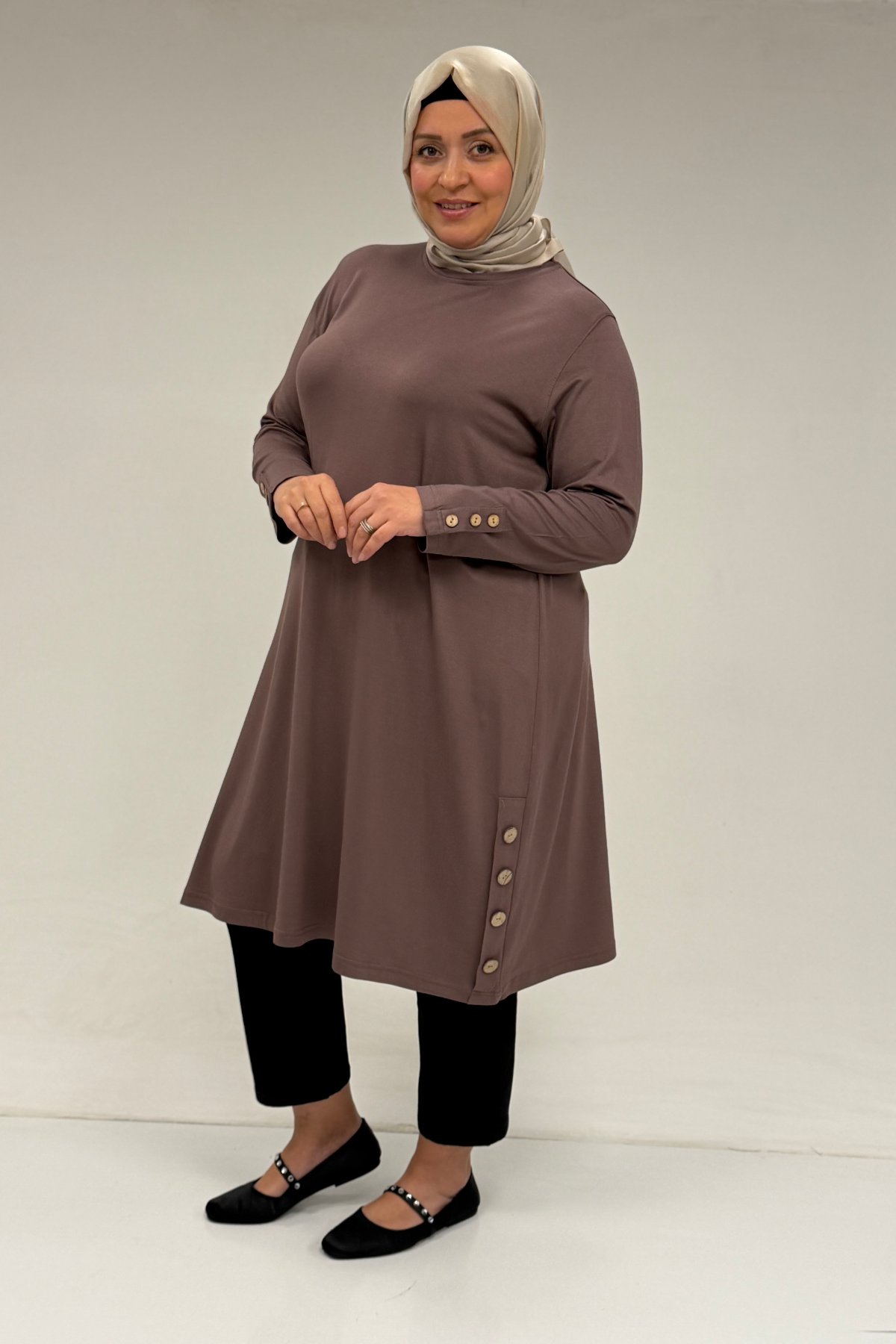 8180 Plus Size Button Detailed Tunic - Coffee