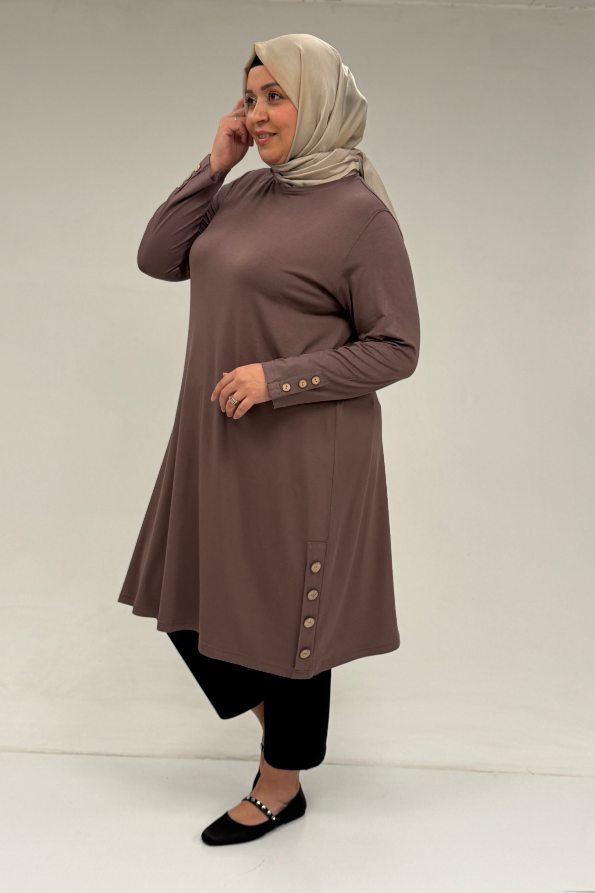 8180 Plus Size Button Detailed Tunic - Coffee
